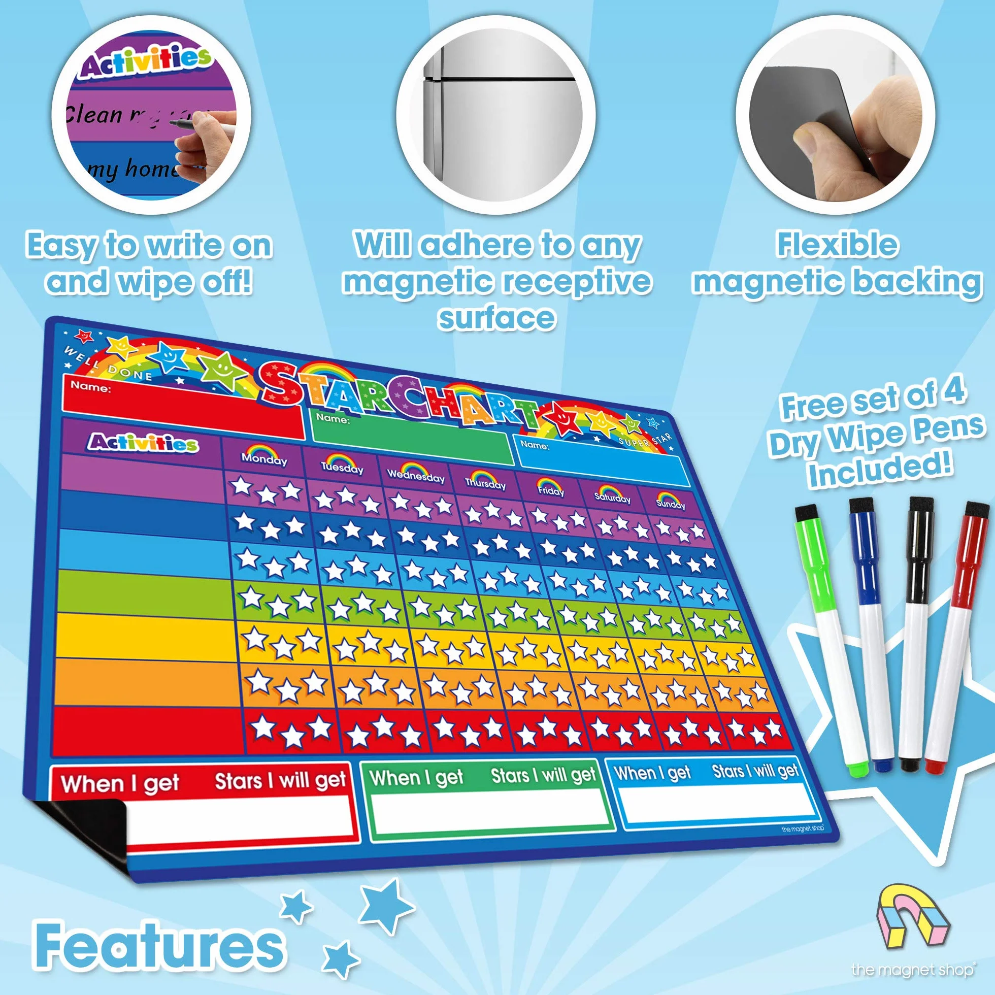 TMS Tabella dei premi per Bambini | Grafico Magnetico a Stella per riconoscere e Ispirare Il Buon comportamento in Bambini e Bambini, Ragazzi e Ragazze | con 4 Penne magnetiche Colorate a Secco