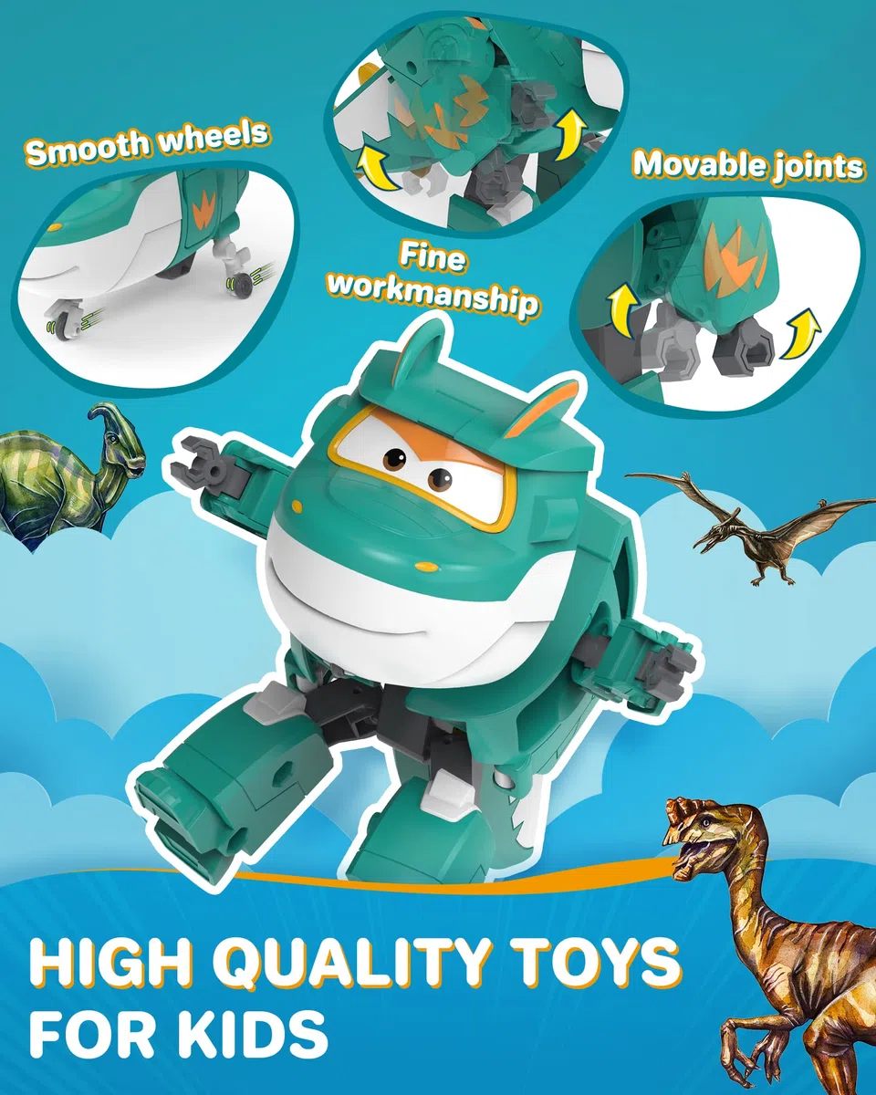 Super Wings Giocattolo Trasformabile Tino Dinosauro 5 pollici - Trasformazione Semplice, Regalo Bambini 3+ Anni, Verde