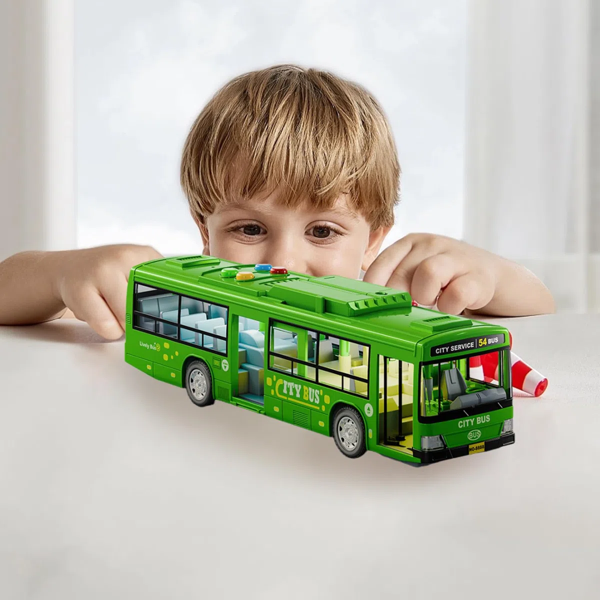 Autobus urbano elettrico, veicolo giocattolo di grandi dimensioni, modello a batteria da 12 pollici con musicali, materiale acrilico robusto, accessorio per bambini con design di porte apribili,