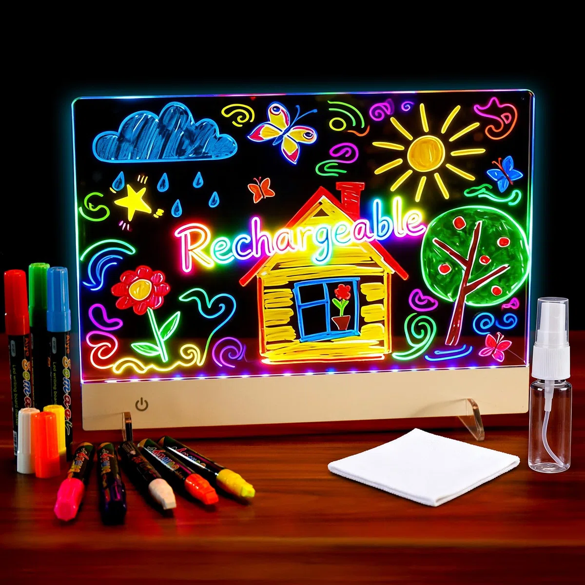 Tavola da disegno a LED per bambini, ricaricabile, tavoletta da disegno in acrilico, lavagna a LED con colori, lavagna cancellabile a secco, lavagna trasparente con supporto, per ragazze, regalo di