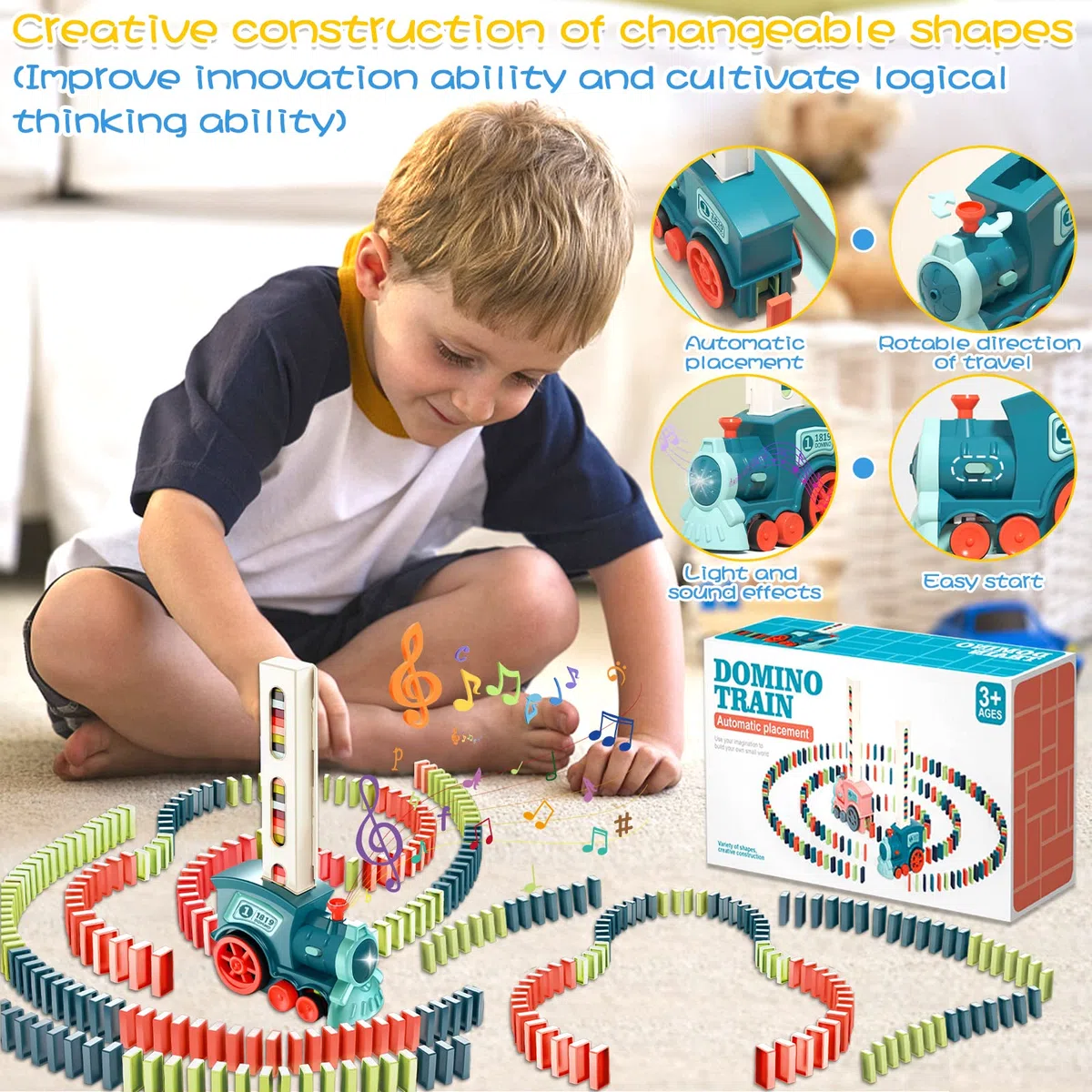 Set Treno Domino Automatico con 160 Blocchi. Trenino Elettrico con Luci e Suoni, Divertente e Colorato per Giocattoli di 3 4 5 Anni (blu)