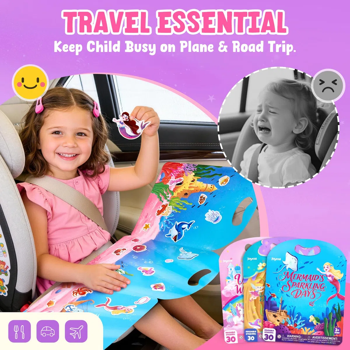 JoyCat 3 Libro Adesivi Attacca e Stacca Bambini: Unicorno, Fate, Sirena, 90 Stickers Bambini 3 4 5 6 Anni, Libri Attività con Adesivi Riutilizzabili, Giocattoli da Viaggio, Regalo Educativo Compleanno