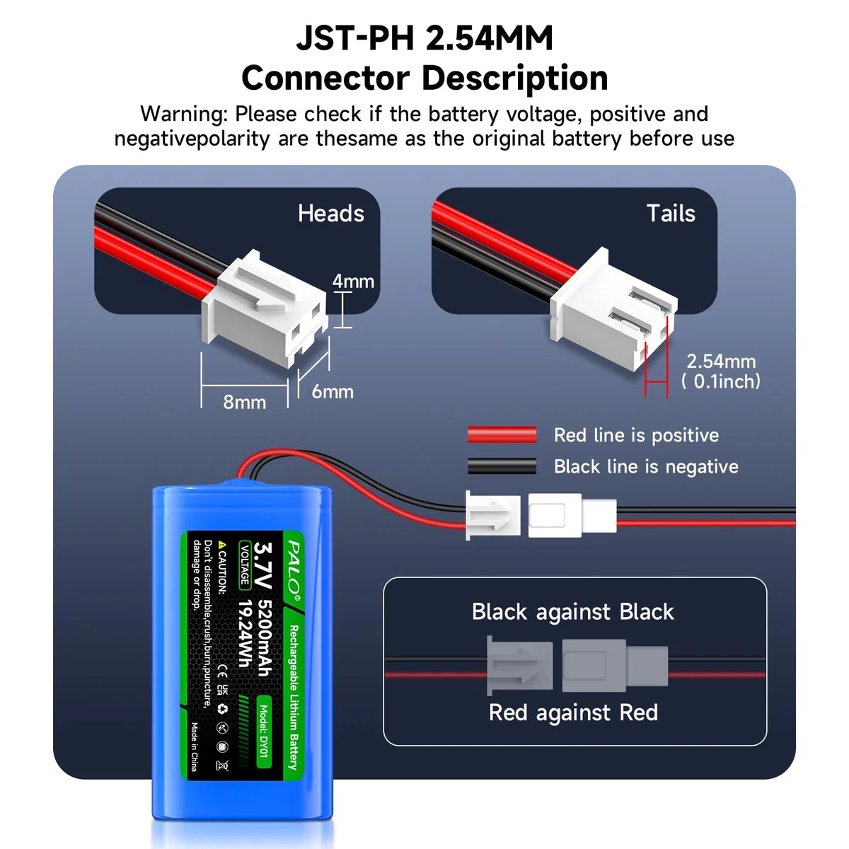 3.7V 5200mAh Batterie riutilizzabili, XH2.54/2P Batterie di litio per auto per giocattolo RC, telecamera wireless solare, altoparlante wireless, luce a LED esterna, lampada a parete