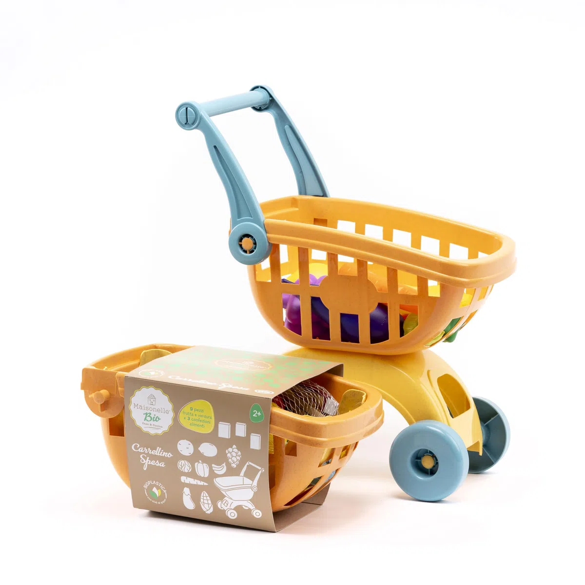 ODS - Maisonelle Bio, Carrellino della Spesa Giocattolo per Bambini, con Frutta, Verdure e Scatoline, Sostenibile in Bioplastica, 31,5x19x16 cm, Età Consigliata +2 Anni