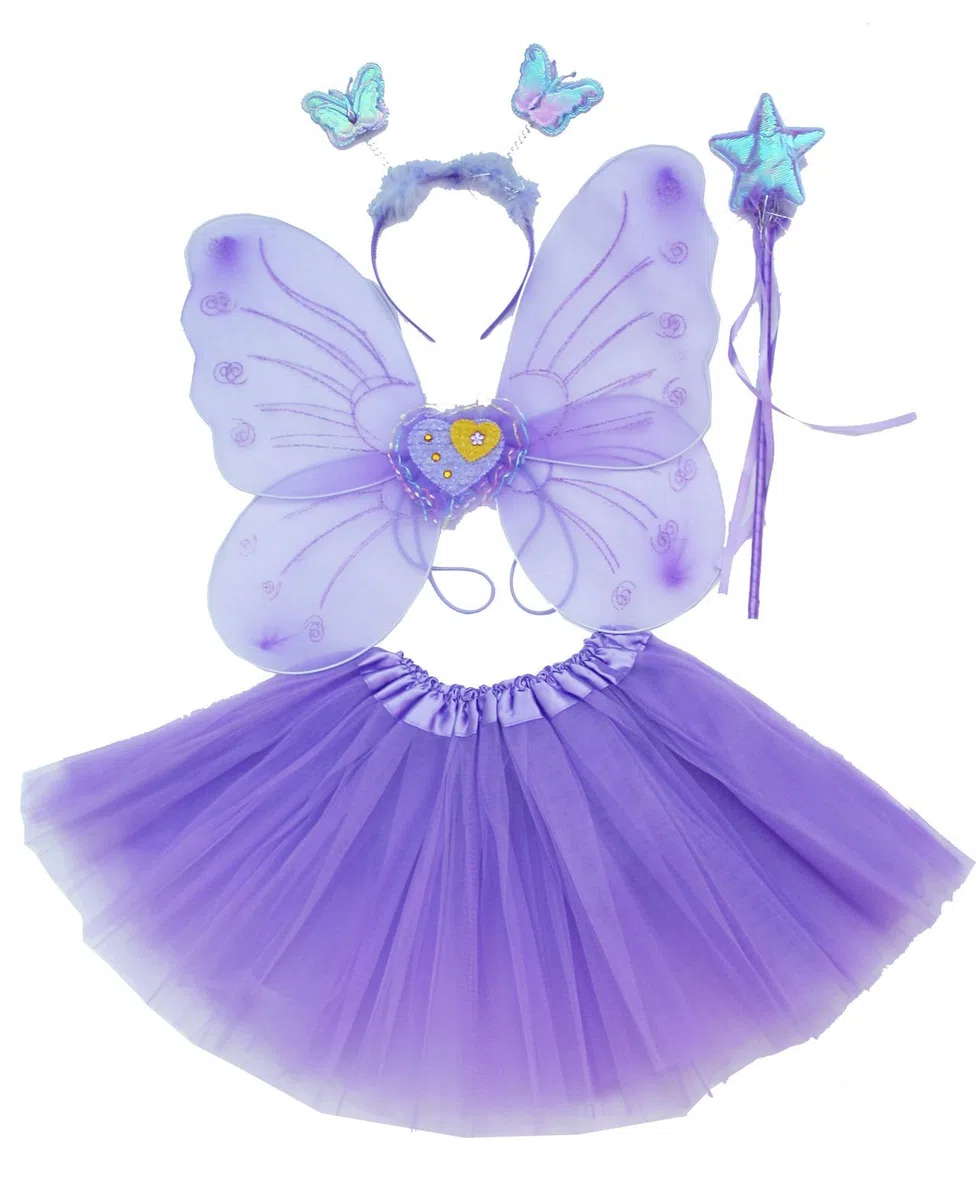 Fun Play costume da fata viola – Farfalla fata ali, tutù, bacchetta magica e fascia, per 3 – 8 anni viola
