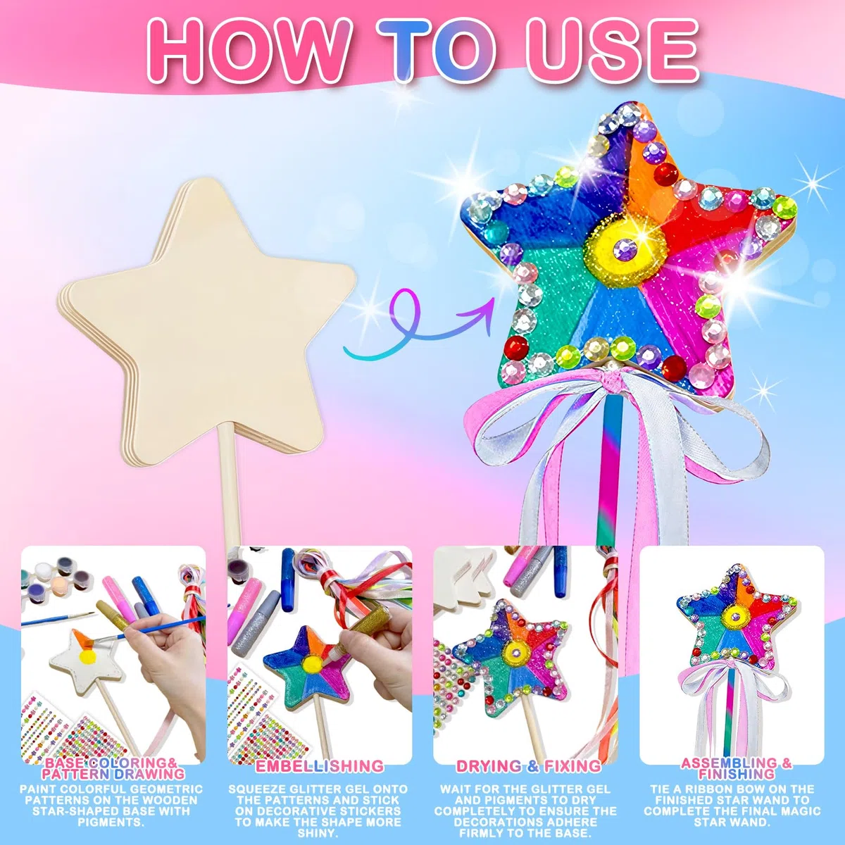 Meanju 12 Pezzi Bacchette Magiche in Legno, Bacchetta Principessa,Bacchetta Fata Stella Glitter Principessa,Bacchetta Magica con Stella in Legno Set,Kit per Fai da Te Creativi Ragazza