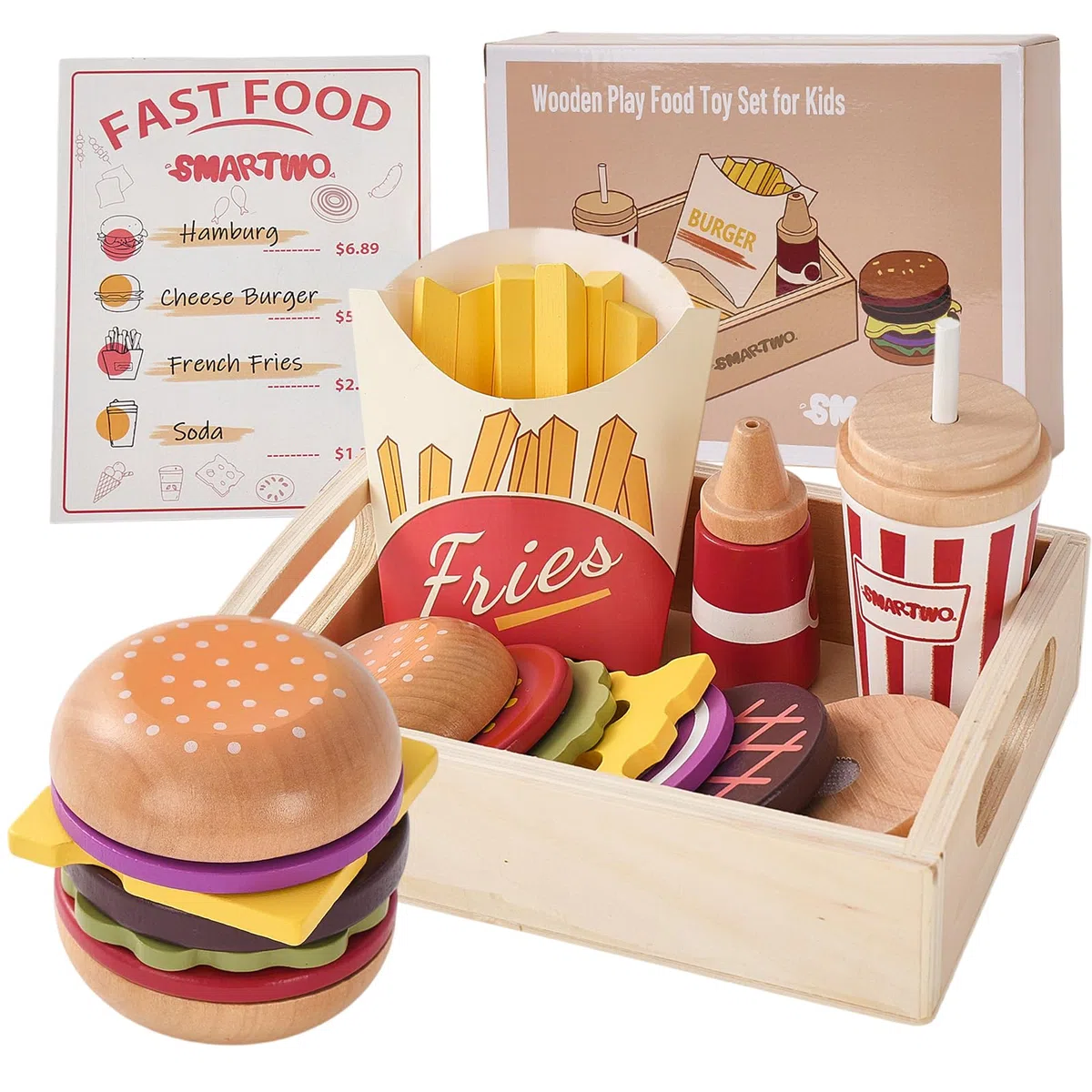 Cibo Giocattolo per Bambini, Set di Legno per Hamburger e Patatine Fritte, Fast Food Playset, Alimenti Finto, Accessori Cucinetta, Giochi in Cucina per 2 3 4 5 6 Anni, Regalo Bambino