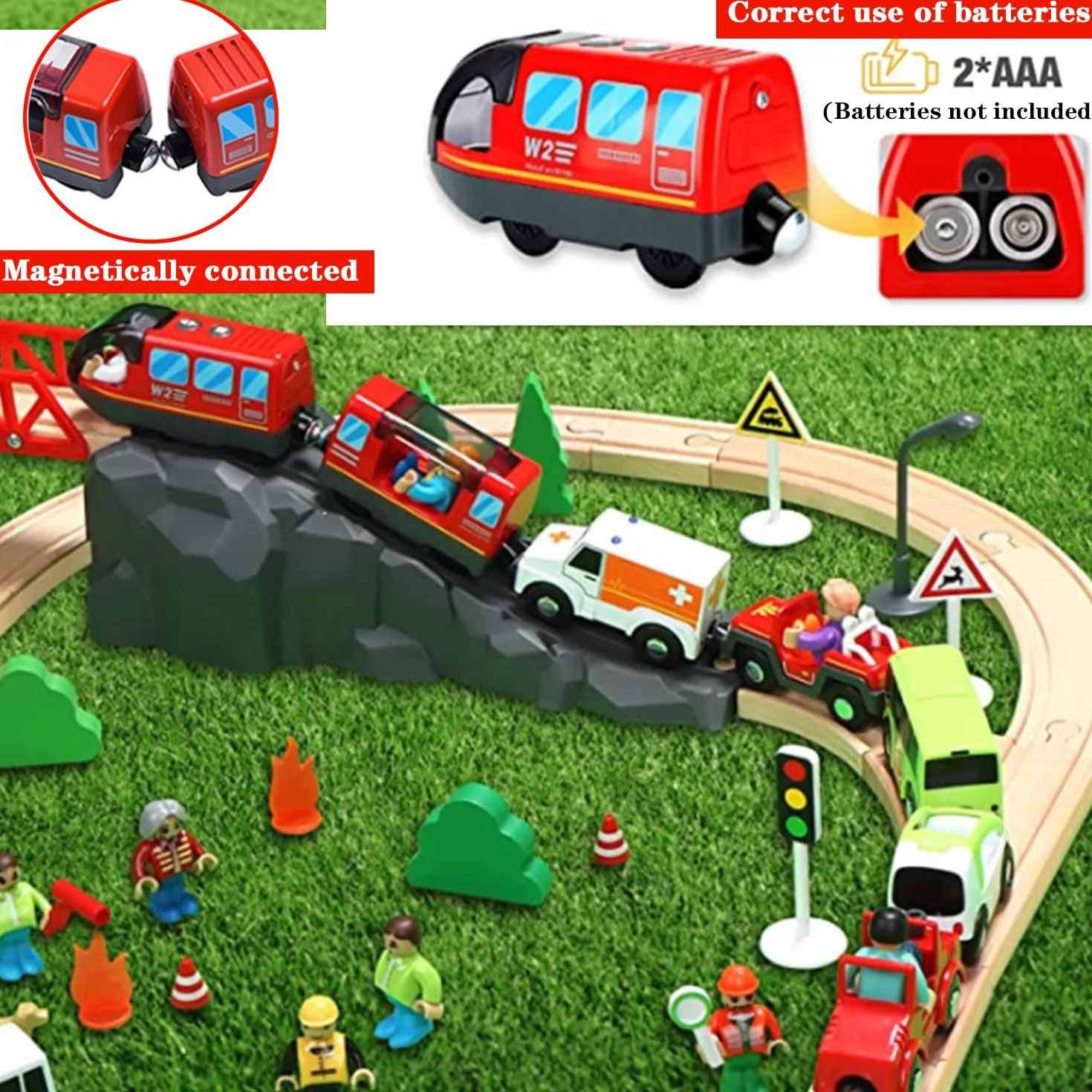 LiRiQi Electric Train Toy, Battery Operated Action Locomotive Train, Toddler Educational Toy Car, Powerful Motor Train Set Compatible with Thomas, Brio, Red