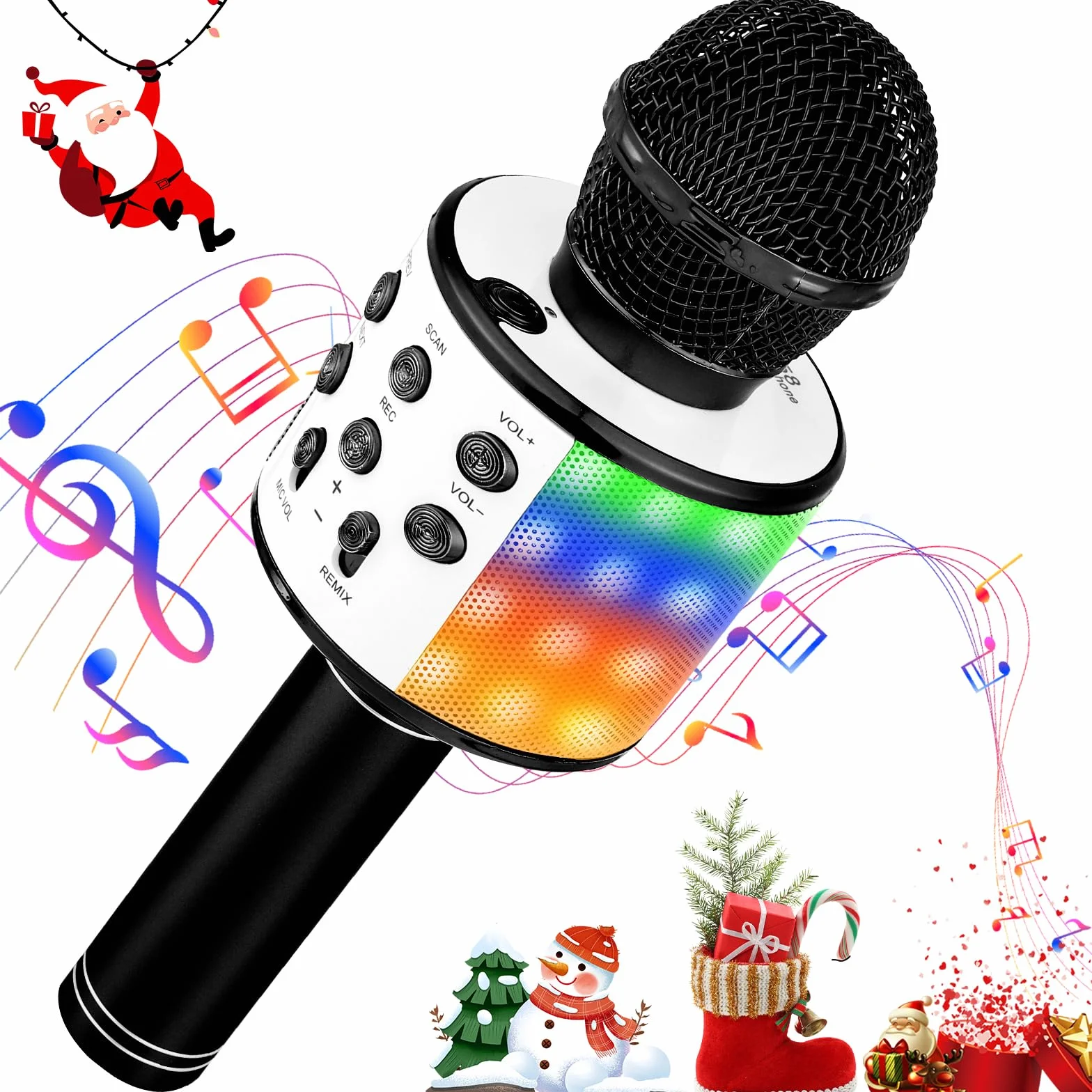 Mikrofon bezprzewodowy Bluetooth LED do karaoke dla dzieci, czarny