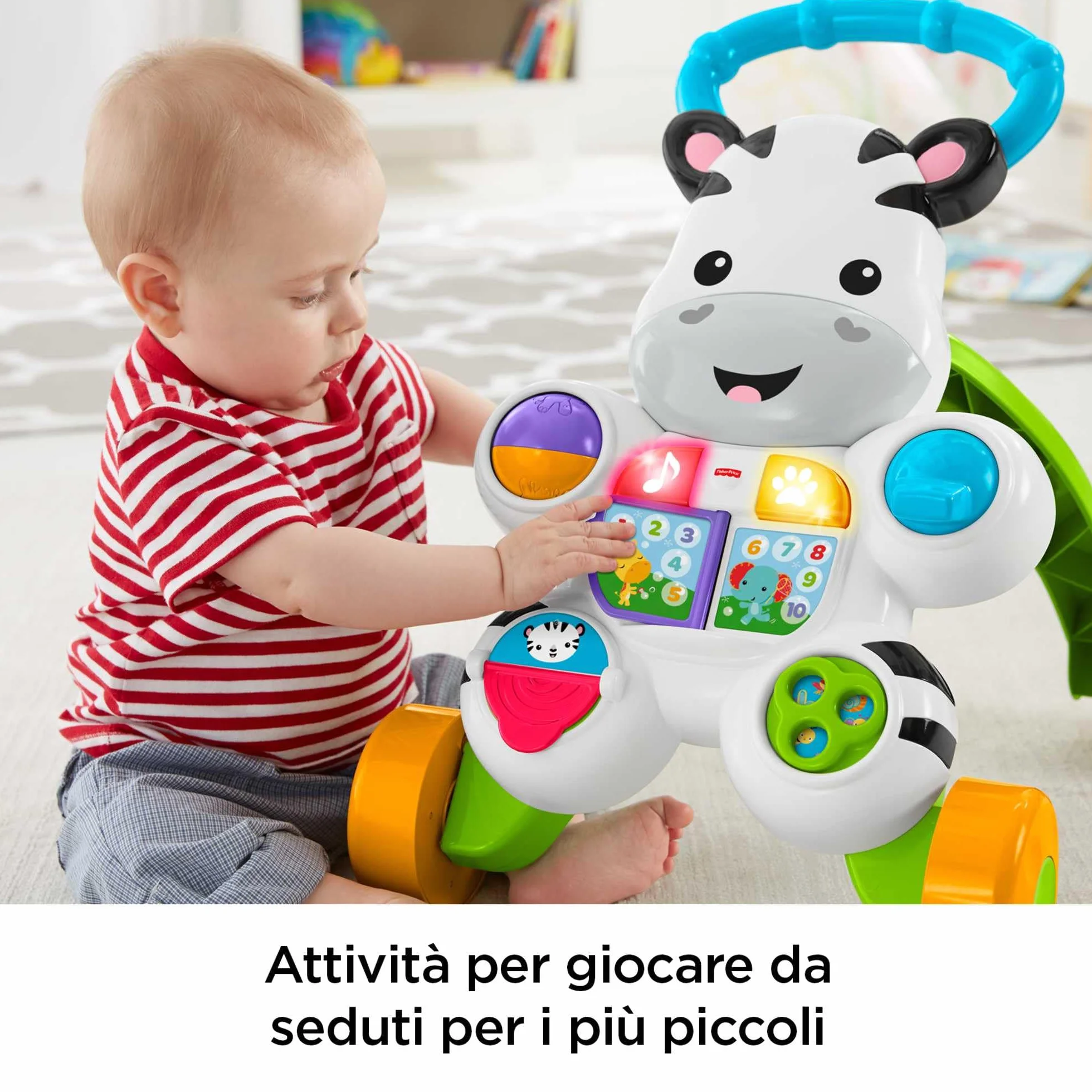 Fisher-Price Zebra Primi Passi Spingibile, Giocattolo Elettronico Educativo con Musica e Suoni, per Camminare, per Bambini di 6+ Mesi, Italiano Imballaggio Sostenibile, HBB66