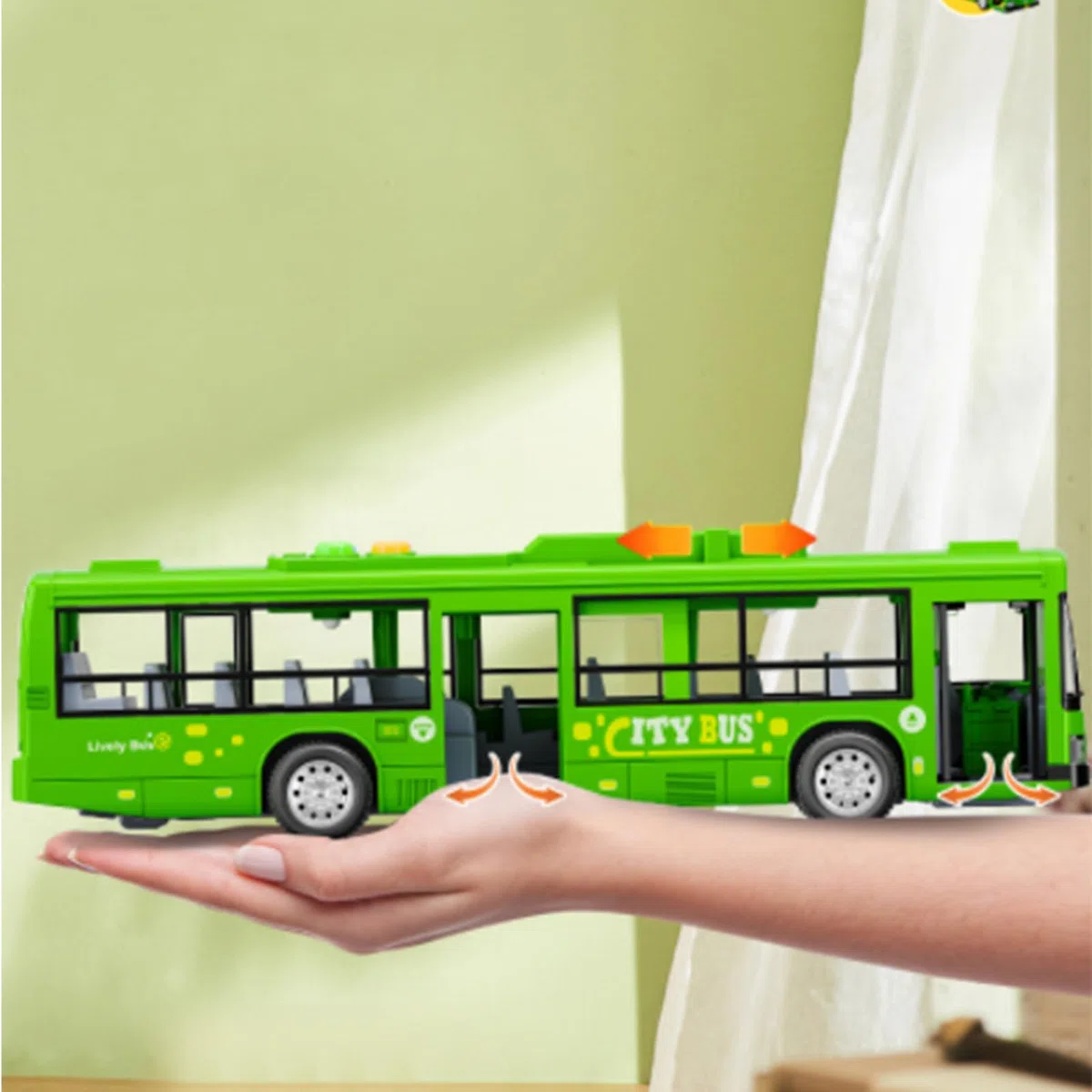 Autobus urbano elettrico, veicolo giocattolo di grandi dimensioni, modello a batteria da 12 pollici con musicali, materiale acrilico robusto, accessorio per bambini con design di porte apribili,