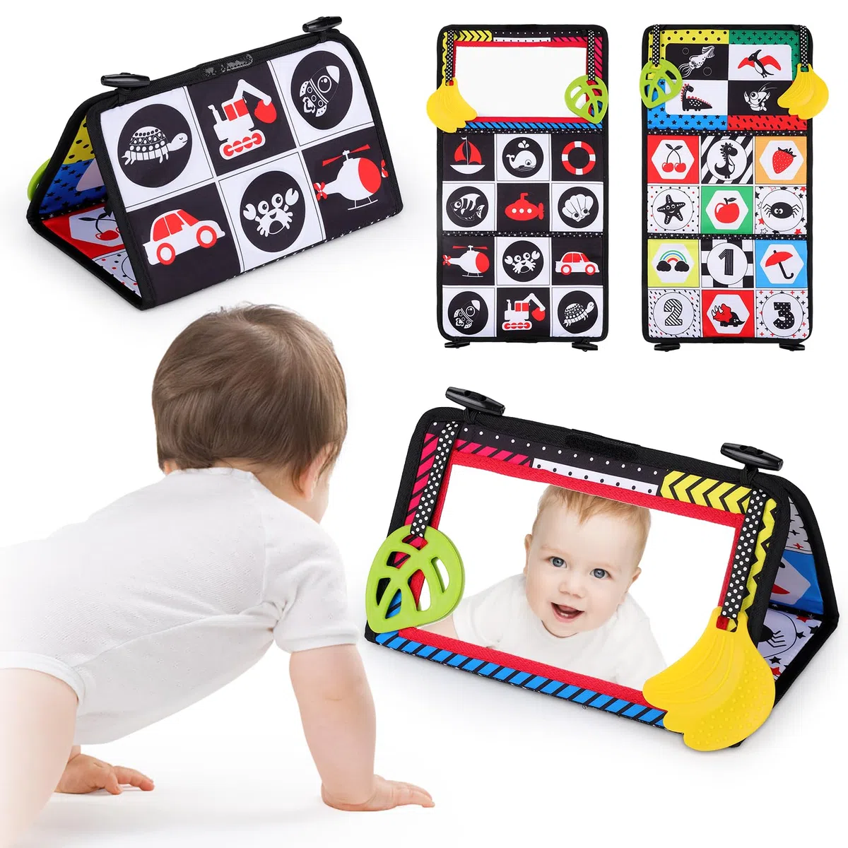 Libro Sensoriale Neonati con Specchi, Specchio Montessori Neonati Libri di Stoffa Tummy Time Neonato Specchio Neonato per Neonata Femmina & Maschio 0 3 6 12 Mesi, Numero