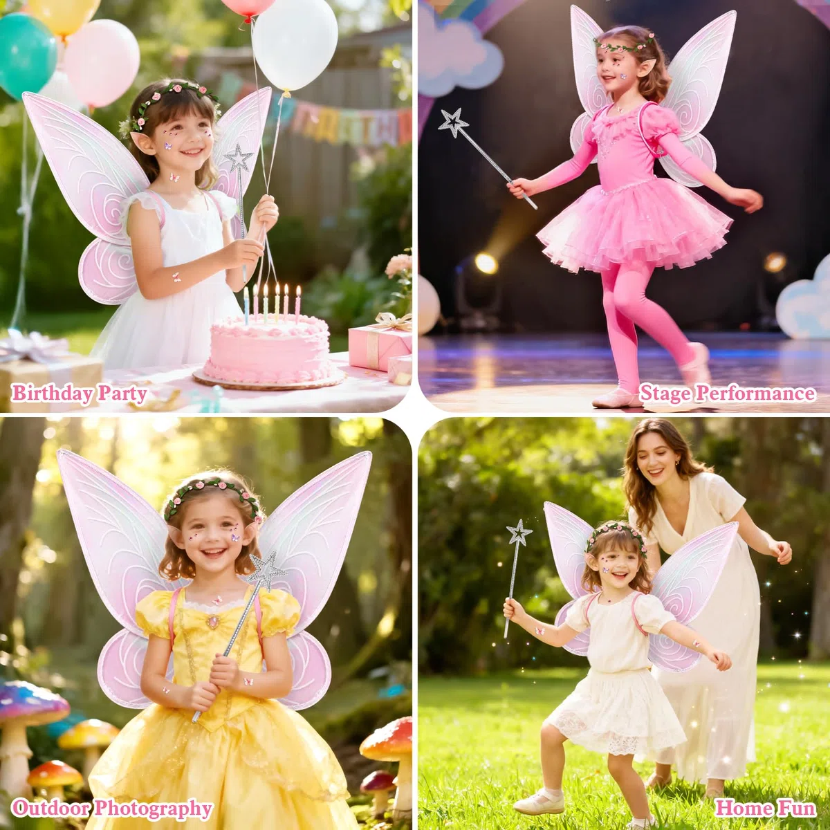 Ali da fata, ragazze Fairy Wings Costume,5 pezzi ali di farfalla con orecchie da elfo delle Fate Bacchetta Magica adesivi, Ali da Fata per Bambini per Halloween Carnevale Festa a Tema（Rosa）