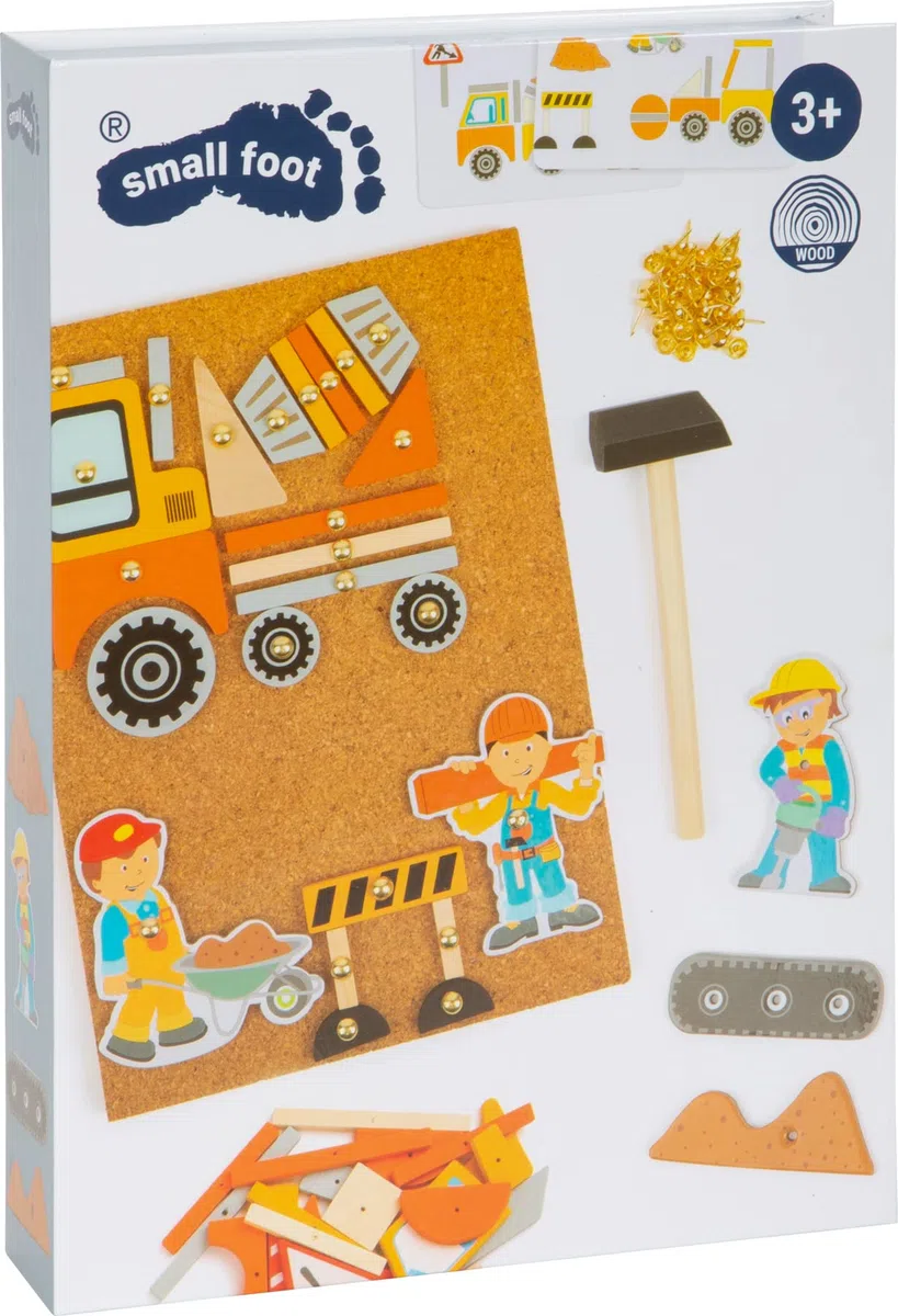 Small Foot 11573 Gioco con martelletto in Legno e Sughero, con Motivi del Mondo del Cantiere, a Partire dai 6 Anni.