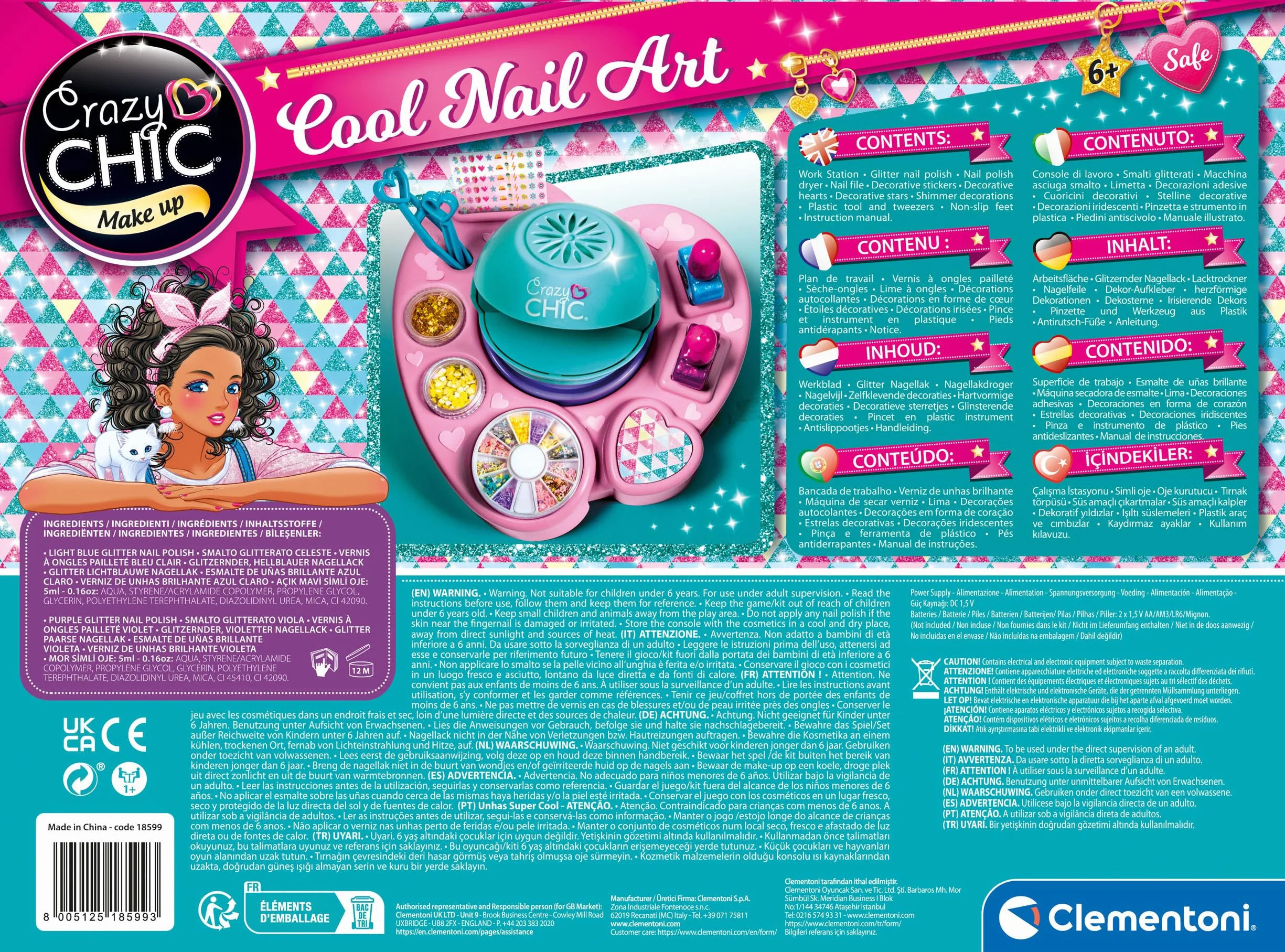 Clementoni - Set per Decorare Unghie Bambina, Crazy Chic Cool Nails, Gioco Creativo, Atelier Unghie con Smalti e Macchina Asciugasmalto, Idea Regalo per Bambine 6 Anni, 18599