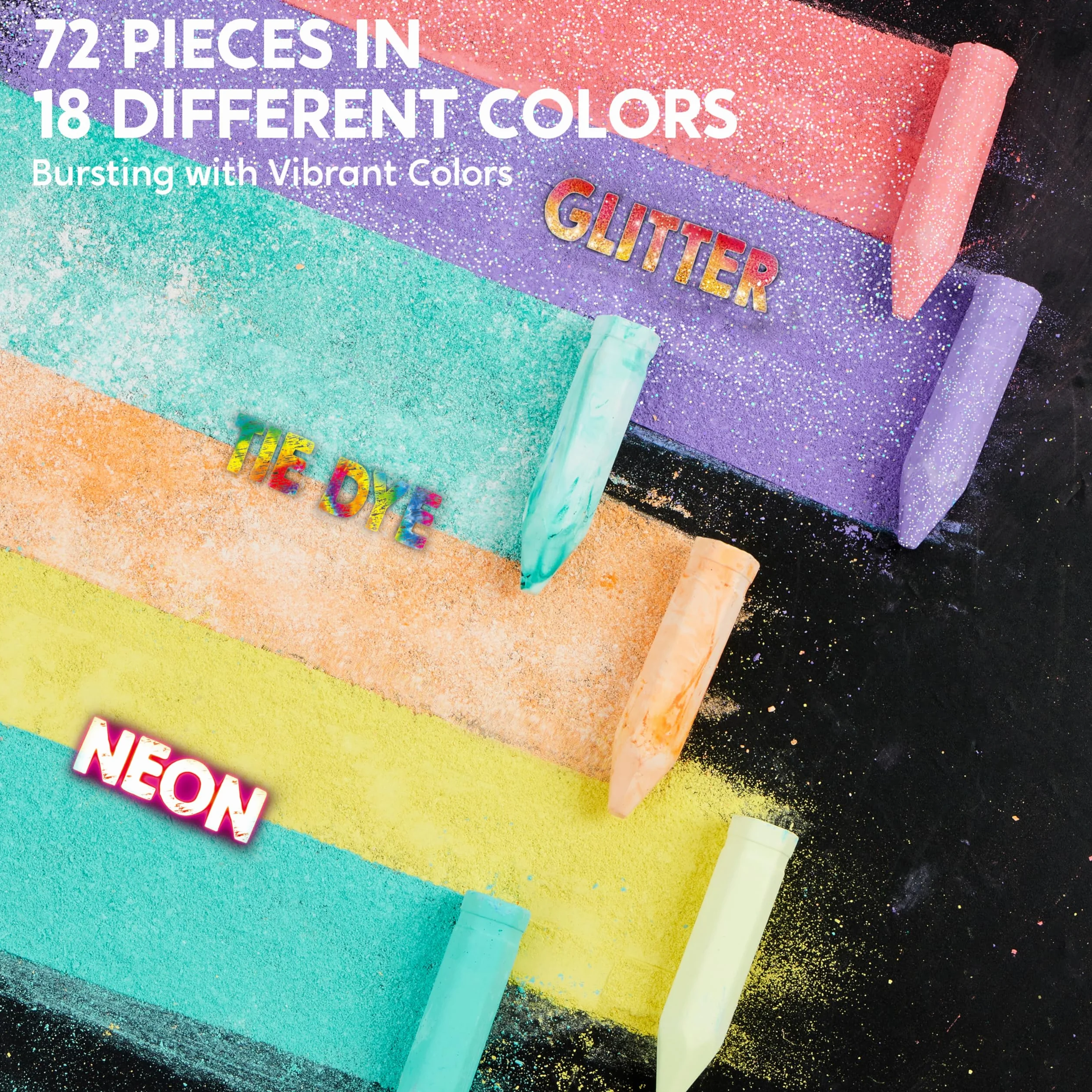 JOYIN 72 PCS Set di gessetti lavabili per marciapiedi in 12 confezioni, 18 colori, inclusi 12 tie-dye, 12 glitter e 12 colori neon, materiale scolastico, aula, all'aperto, regalo per bambini