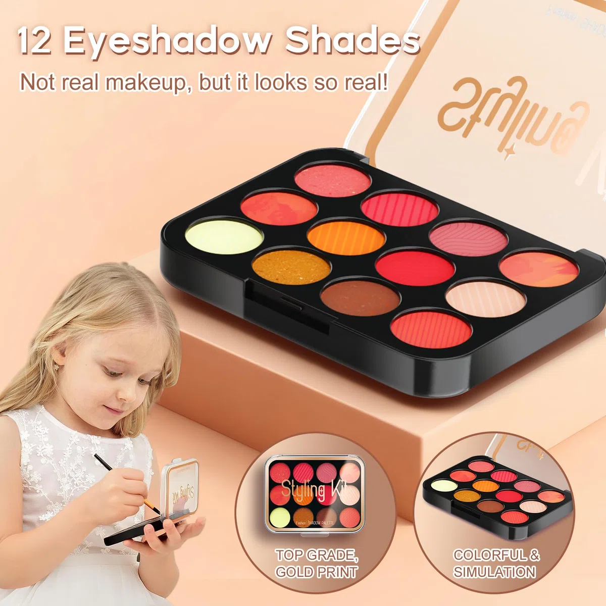 Kit Trucco Finto per Bambine | Set Cosmetici Sicuri Non Tossici con Rossetto, Specchietto e Pennelli - Ideale per Bambine dai 3+ Anni (Nero)