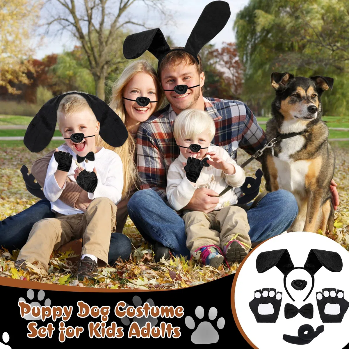 Costumi per Cagnolino per Adulti e Bambini, Fascia con Orecchie Cane Naso Finto Coda Guanti Papillon,Bassotto Costume Halloween Carnevale