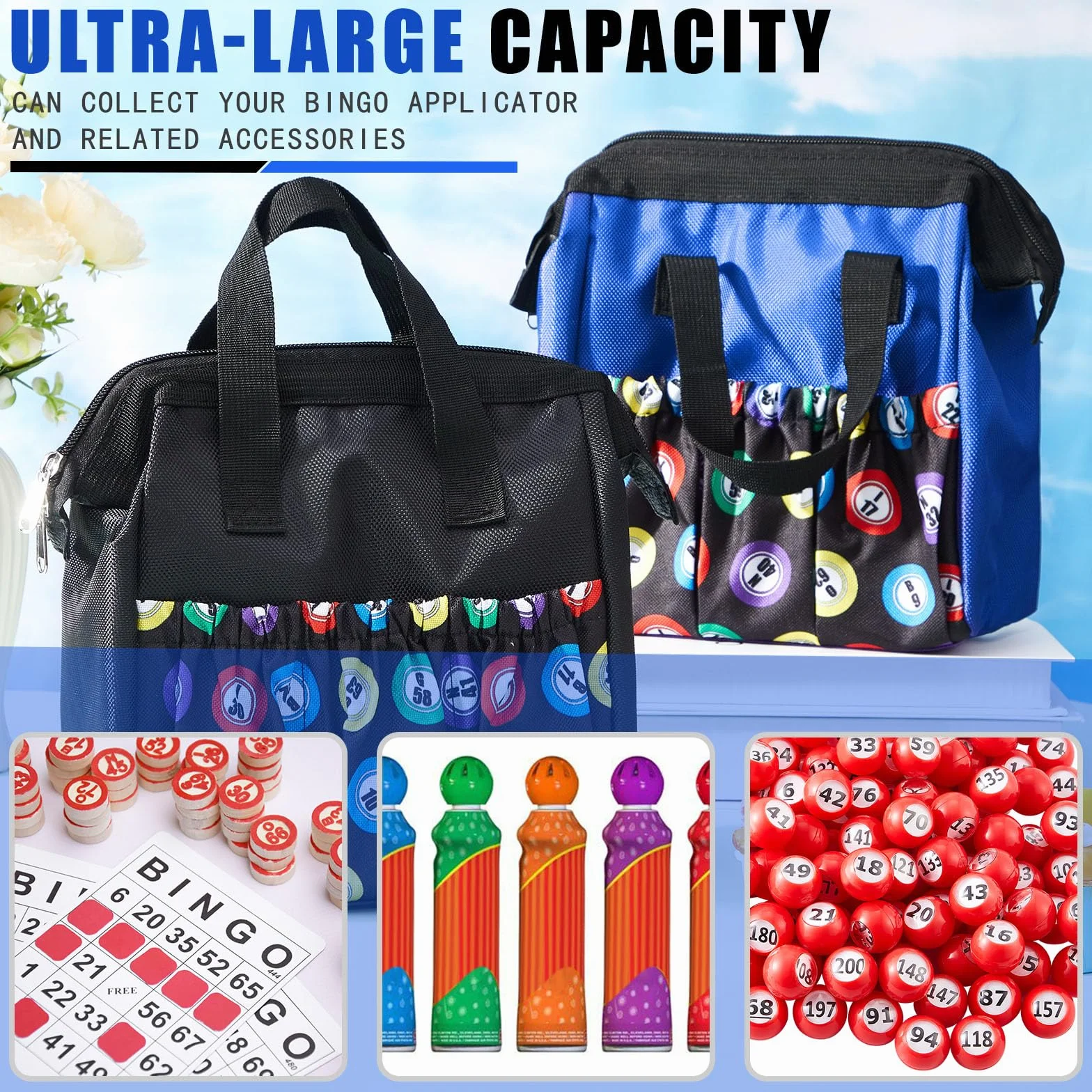 Sweetude Borsa da bingo Dauber con manico e cerniera, con 6 tasche esterne e 3 tasche interne, 2 pezzi, nero, blu., Large, Borsa casual