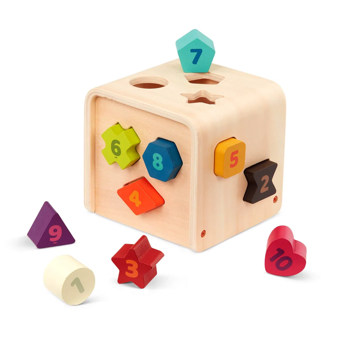 Battat - Cubo per Il conteggio e l'ordinamento - Selezionatore di Forme per Bambini, Ragazzi e Bambini - 10 Forme di Legno Colorate con Numeri - Cubo per Il conteggio e l'ordinamento - 1 Anno +