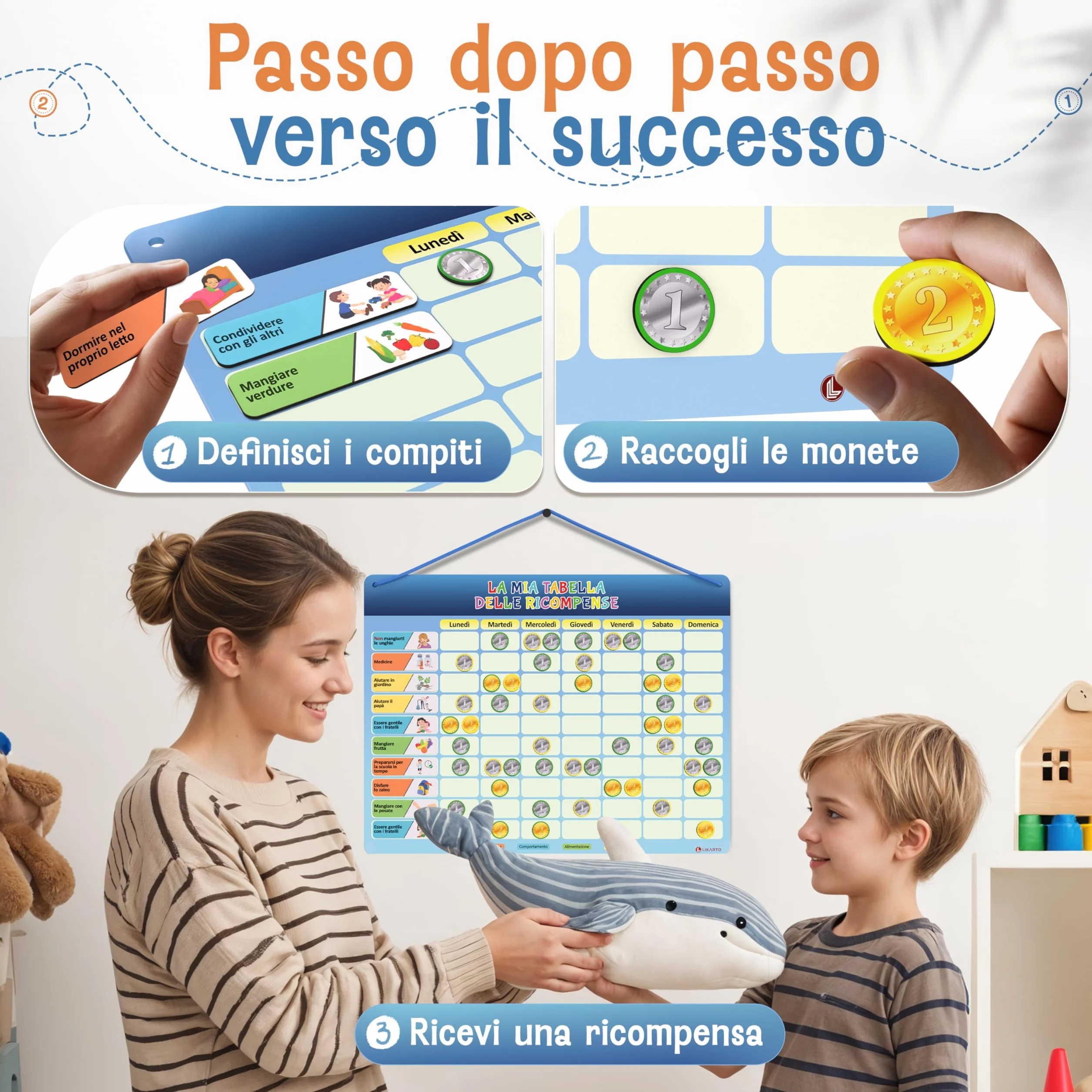 LIKARTO® Tabella delle ricompense per bambini - incl. 280 magneti - Sistema di ricompense per bambini, agenda dei compiti Montessori, indipendenza ludica, tabella magnetica, tabellone dei premi