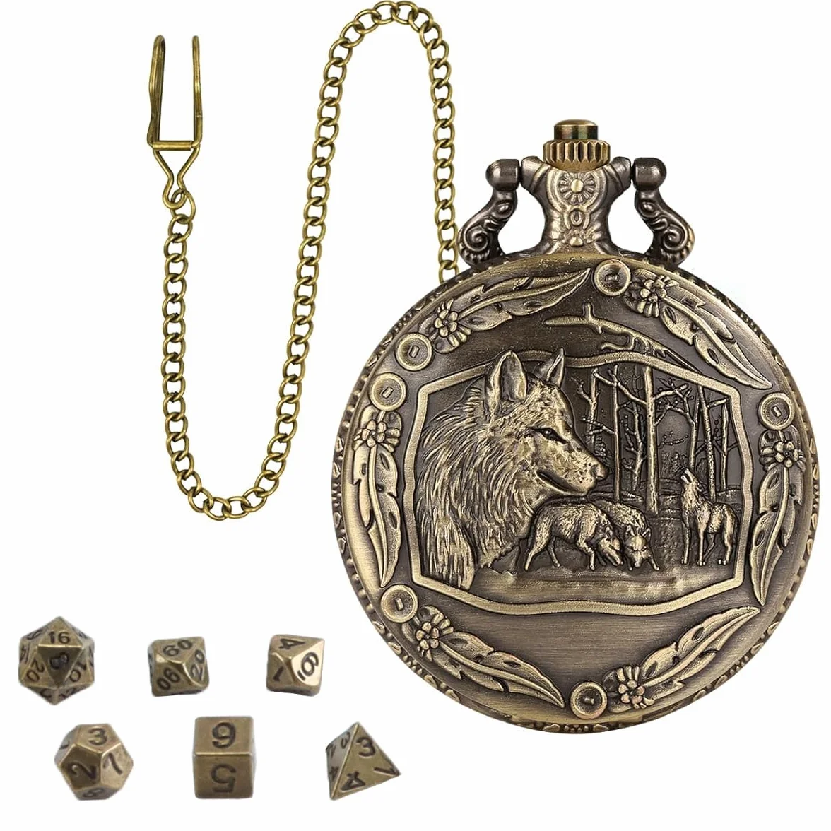 Mini set di dadi DND con orologio a forma di testa di lupo in rilievo, 7 dadi poliedrici in lega di zinco, catena in bronzo anticato, confezione regalo per giochi di ruolo da tavolo
