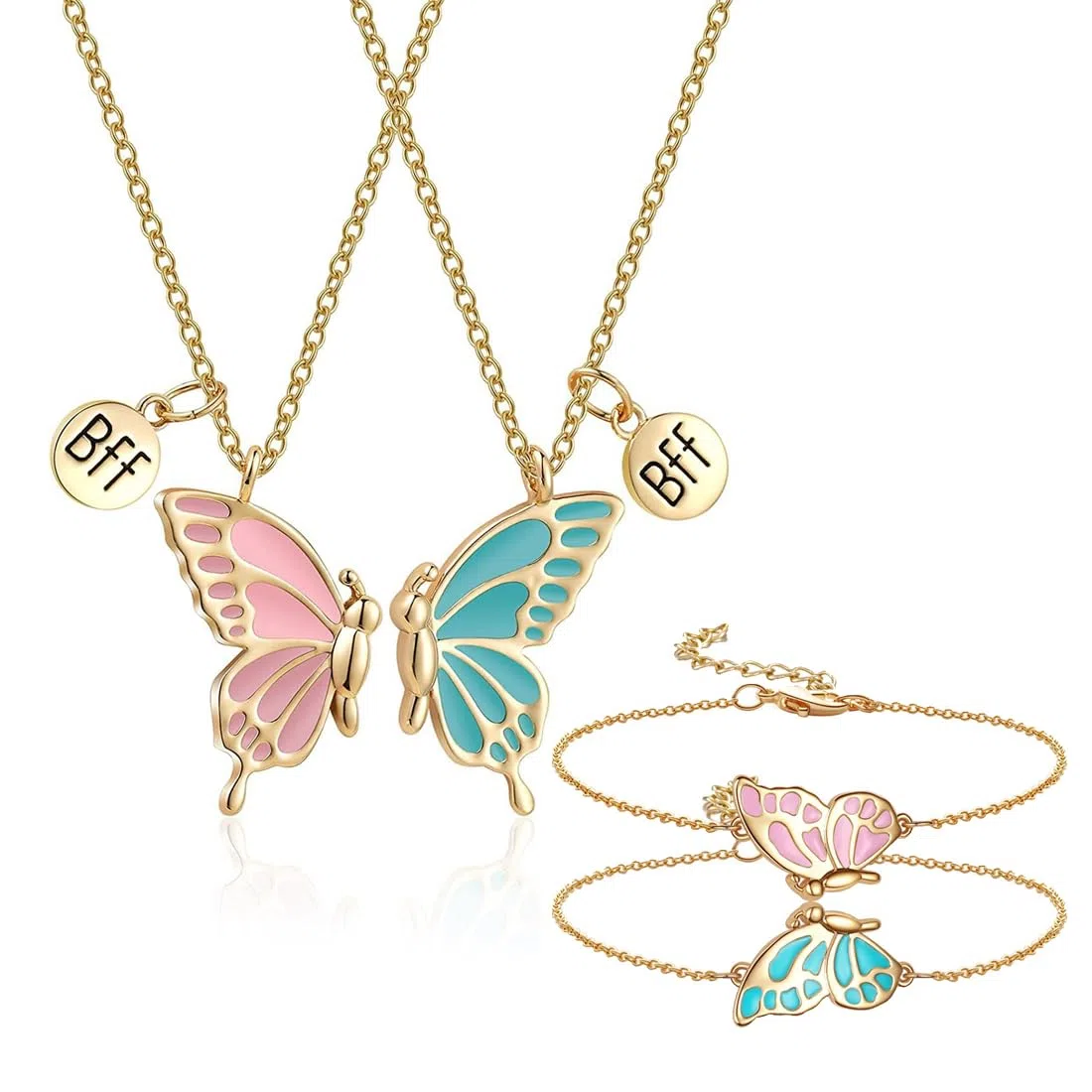 2 Collane dell'Amicizia Set per Donne Ragazze BFF con Ciondolo e 2 Braccialetti, Gioielli Farfalla Personalizzati, Regali per Amici, collana bambina, collana amicizia, amicizia, oro