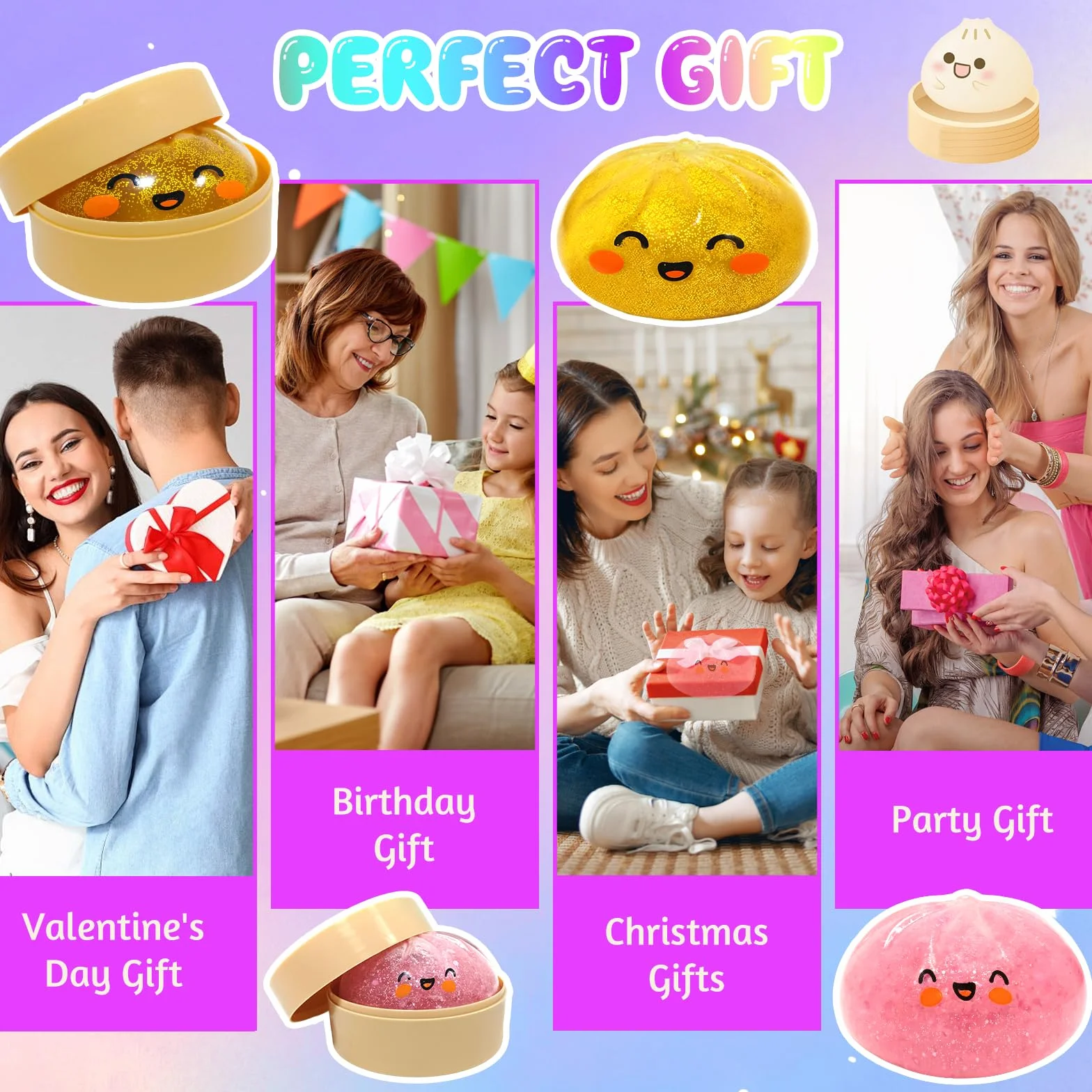 3 Pezzi Glitter Squishy Bao Dumpling + Butter Squishy Set, Giocattolo Sensoriale con Contenitore per Il Vapore, Dumpling Giocattolo Antistress per Alleviare adatto Bambini, Adulti, 25Toys1