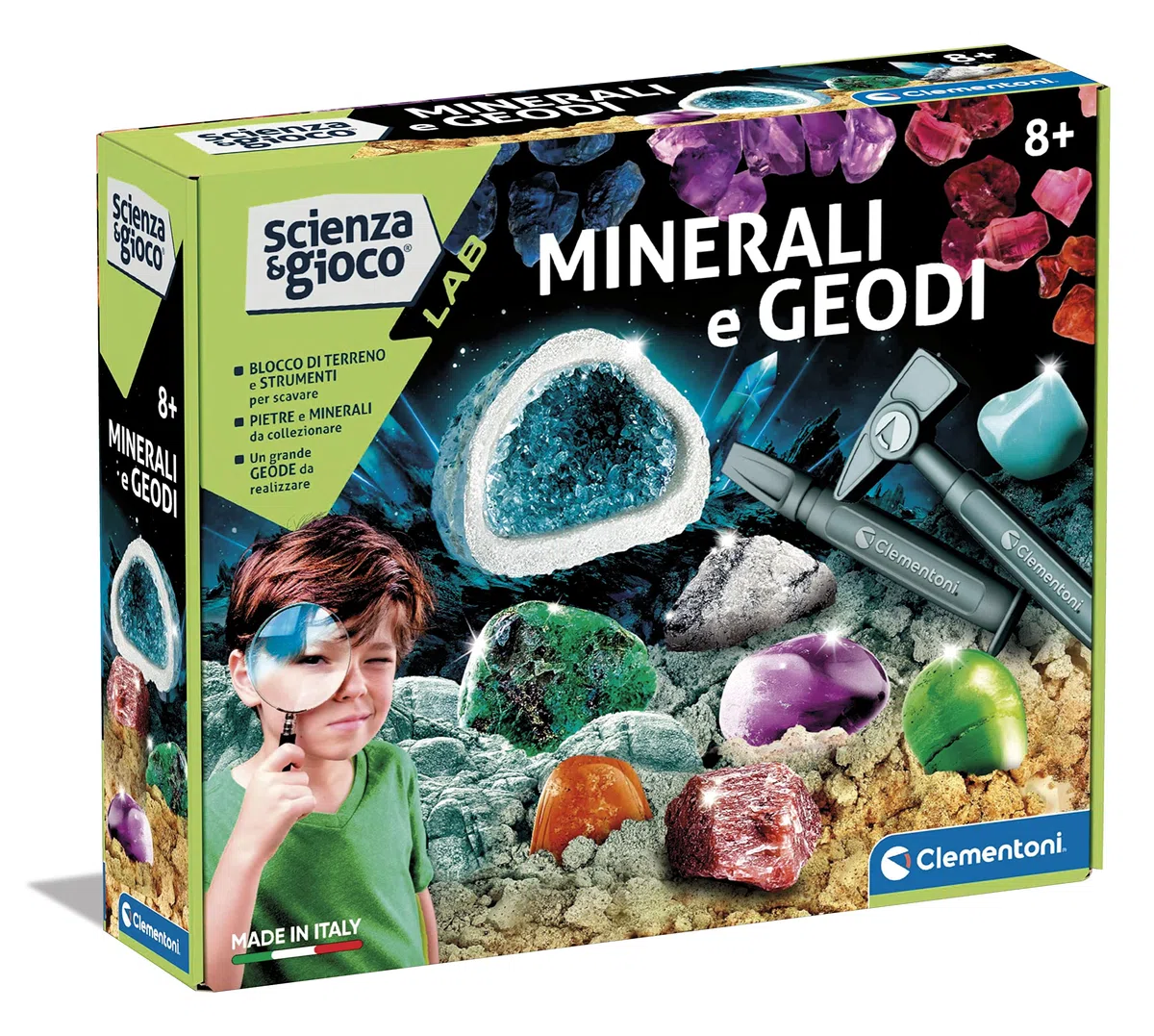 Clementoni Scienza e Gioco Lab - Minerali e Geodi, Gioco Scientifico per Bambini 8+ Anni, Set di Mineralogia con Mattone e Strumenti per Scavare, Made in Italy, Lingua Italiana, 19350