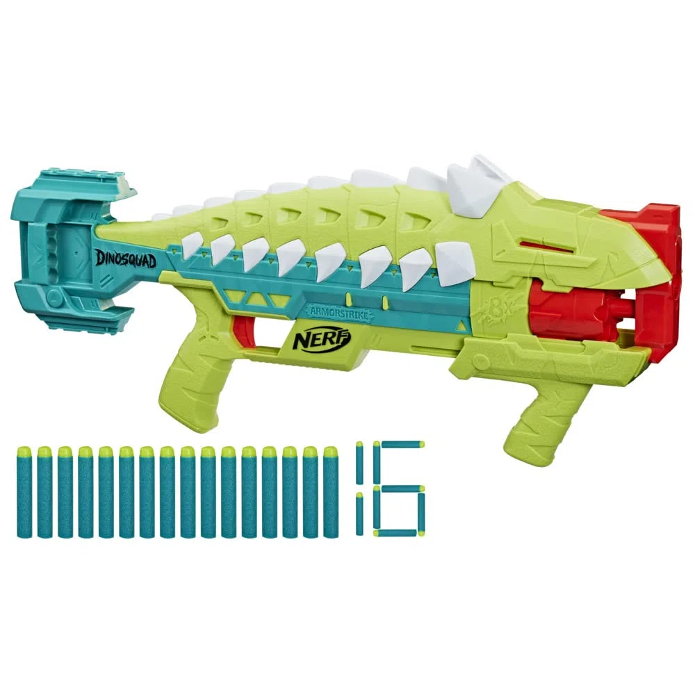 Nerf, blaster DinoSquad Armorstrike, tamburo rotante da 8 dardi, impugnatura sganciabile, 16 dardi Nerf Elite, design da anchilosauro