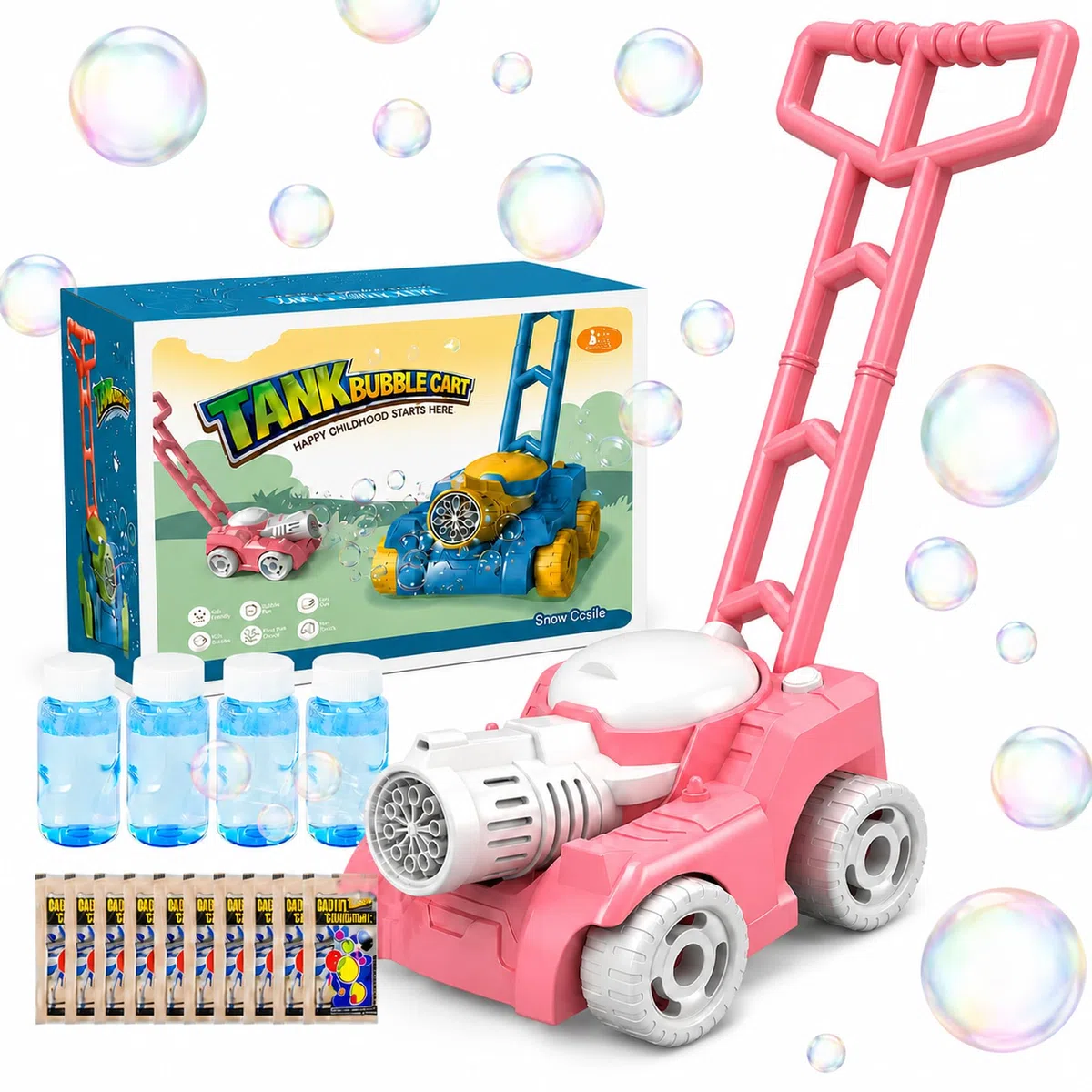Tosaerba a Bolle per Bambini con Luce, Macchina per Bolle di Sapone da Esterno, con 4 Flaconi da 50 ml e 10 Bustine Concentrate, Giocattolo Rosa per Giardino, Cortile e Parco