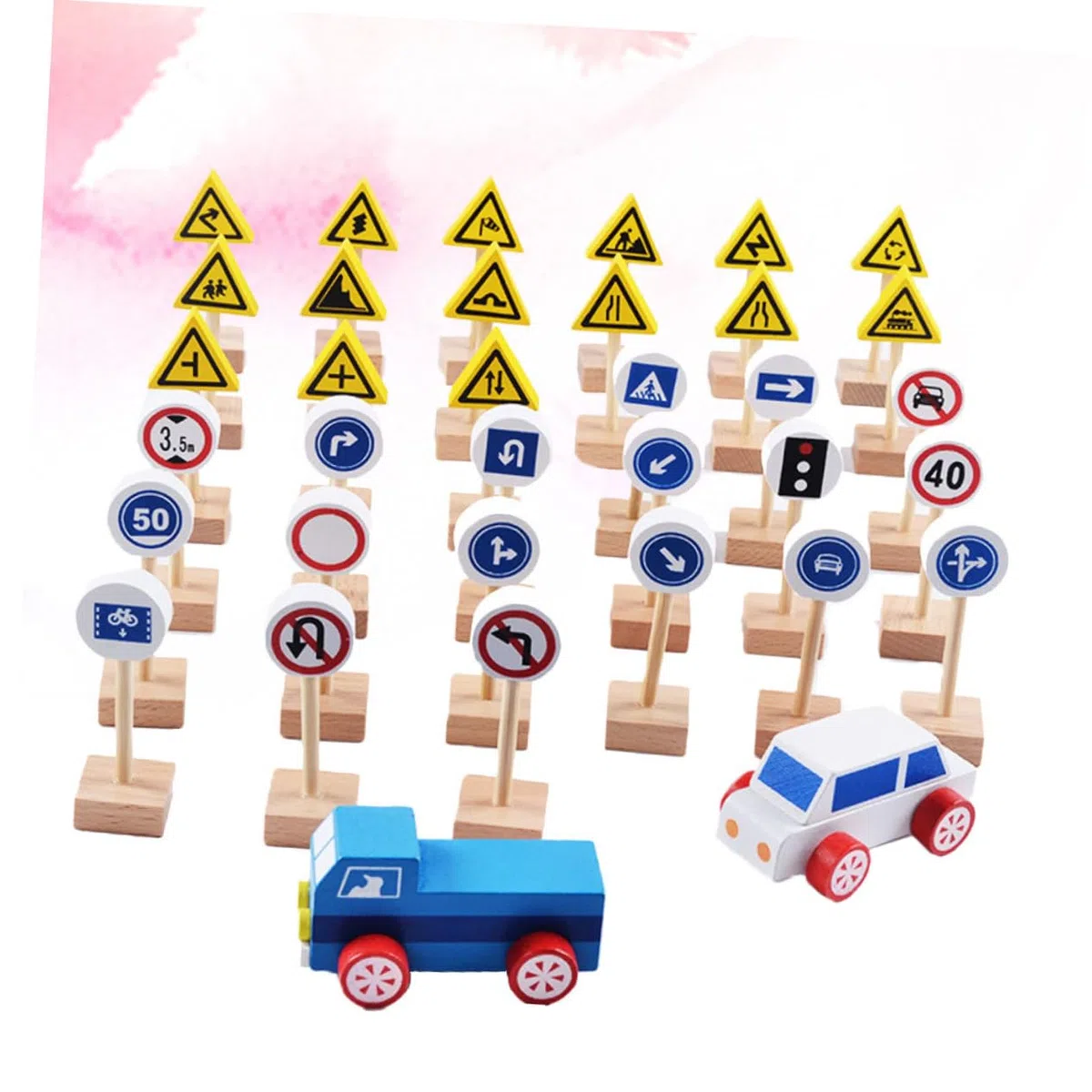 Abaodam 35 Pezzi Segnali Stradali in Legno Faggio Gioco Educativo per Bambini Playset Cartelli Stradali per Bambini per Apprendimento Traffico E Sviluppo Abilità