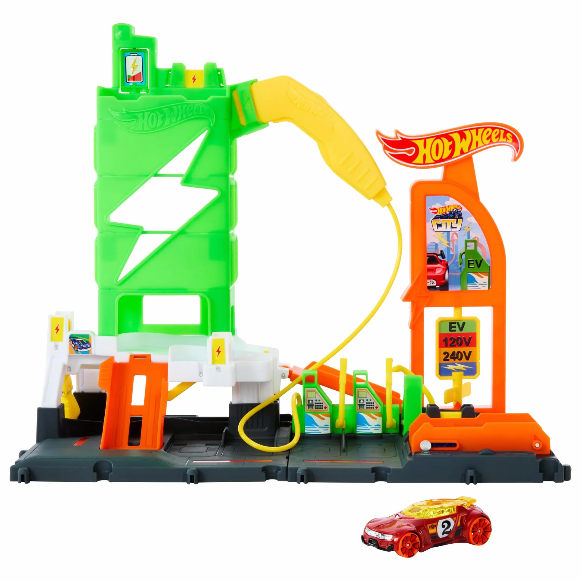 Hot Wheels 'Let's Race' Netflix - Area di Servizio Super Ricarica, playset con 4 stazioni di rifornimento, ascensore e parcheggio fino a 10 auto, 1 macchinina inclusa, 4+ anni, HTN79