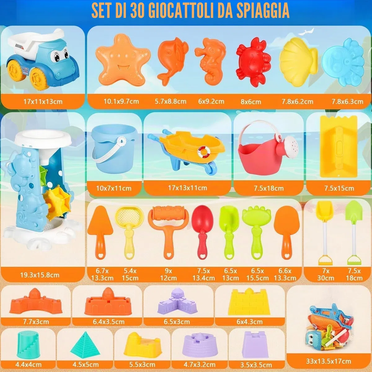 Giocattoli da Spiaggia, 30 Pezzi Spiaggia di Sabbia Giocattoli con Borsa a Rete, Secchiello, Secchiello Spiaggia, Acqua Ruota, Stampi, Giochi Spiaggia Bambini per attività All'aperto Bambini