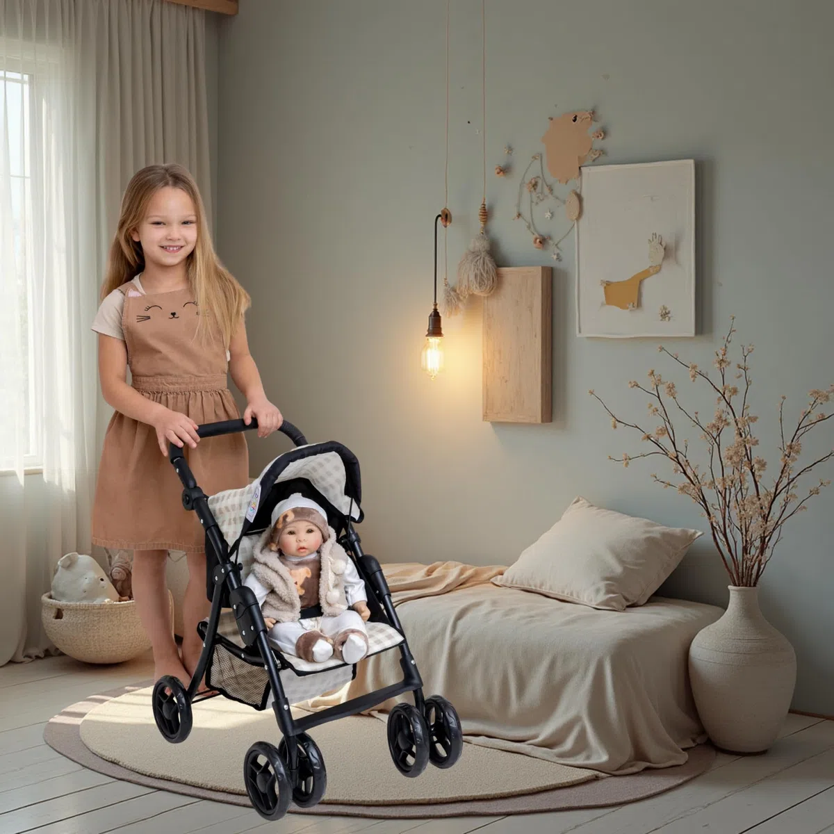 Doris - Passeggino per bambole Passeggino - Passeggino per bambole - Ruote girevoli, maniglia regolabile, cabina pieghevole, leggero e stabile, regalo perfetto per una bambina