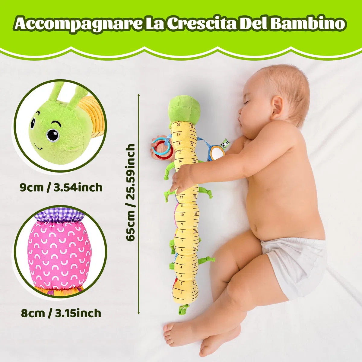 Herenear Bruco Musicale Peluche Giocattolo, Cuscino Grande Morbido Con Increspature Multisensoriali per Infantili