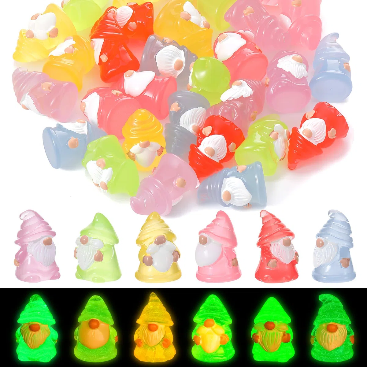 GSrenyu 30 mini gnomi in resina luminosi, 6 colori, mini gnomi da giardino, statuette in miniatura per giardino, paesaggio, casa delle bambole, patio, cortile, prato, decorazione in vaso