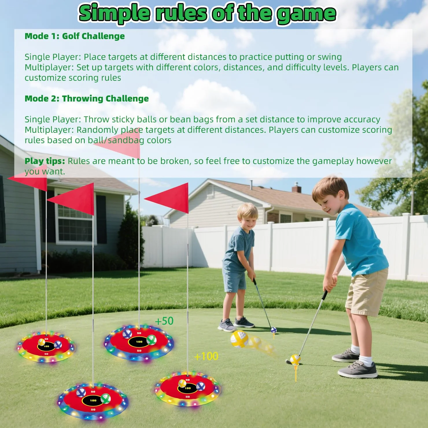 VATOS 2-in-1 Golf con luci per bambini - Gioco di chipping e lancio di borse con 6 bersagli LED, 2 mazze, 18 palline, golf notturno per feste in interni ed esterni, regali sportivi per bambini di età