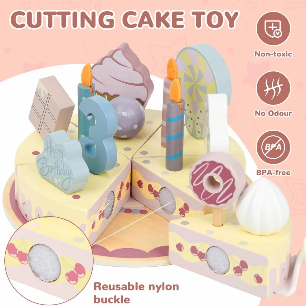 Ainiv Cucina Giocattolo per Bambini Bambino, Torta di Compleanno di Legno con Accessori, Giocattolo Educativo Montessori, Regalo Compleanno Pasqua Halloween Natale Ragazzo Ragazza 18 Mesi+ Anni, Rosa