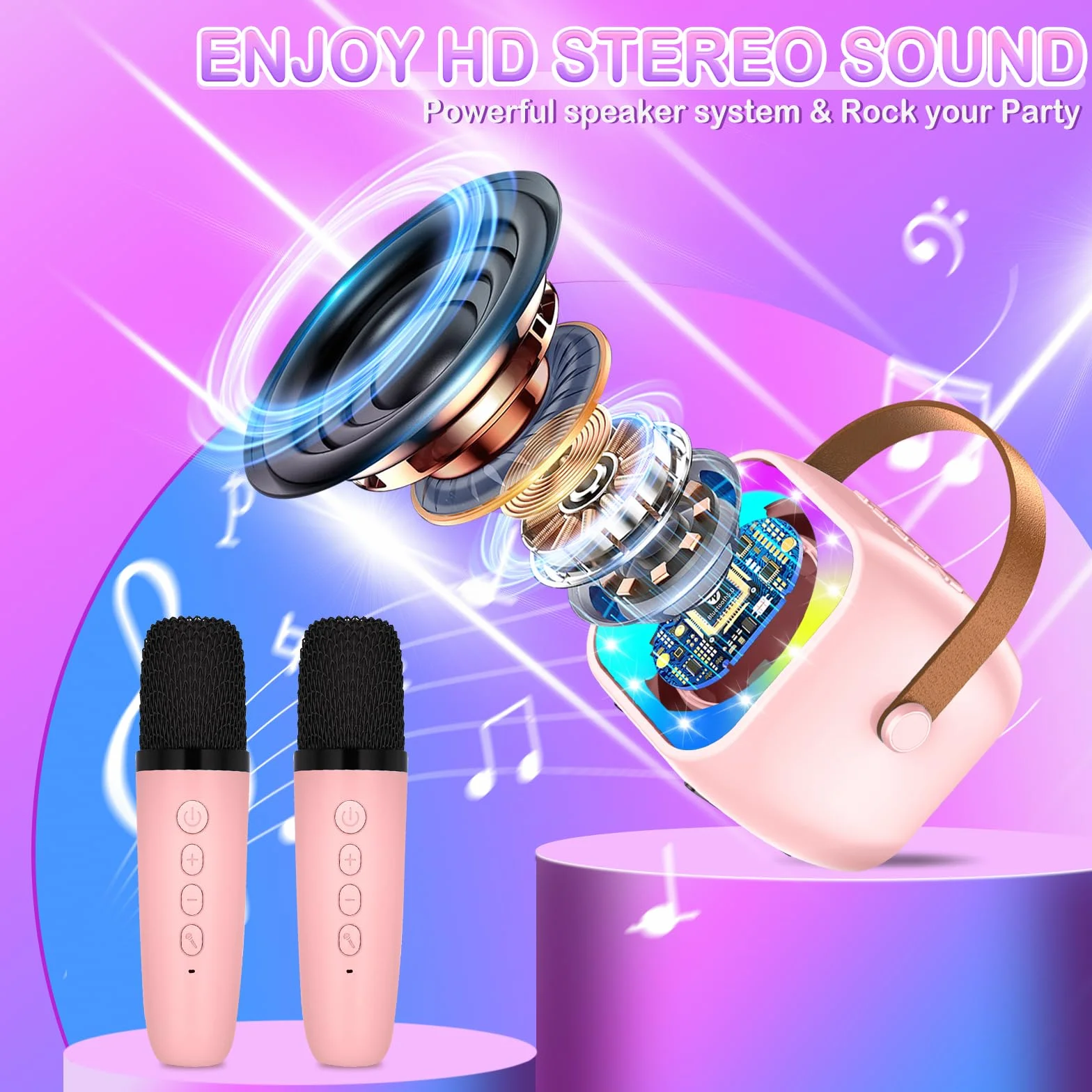 Karaoke per Bambini con 2 Microfoni Wireless, Luce LED, Effetti Cambio Voce, Portatile