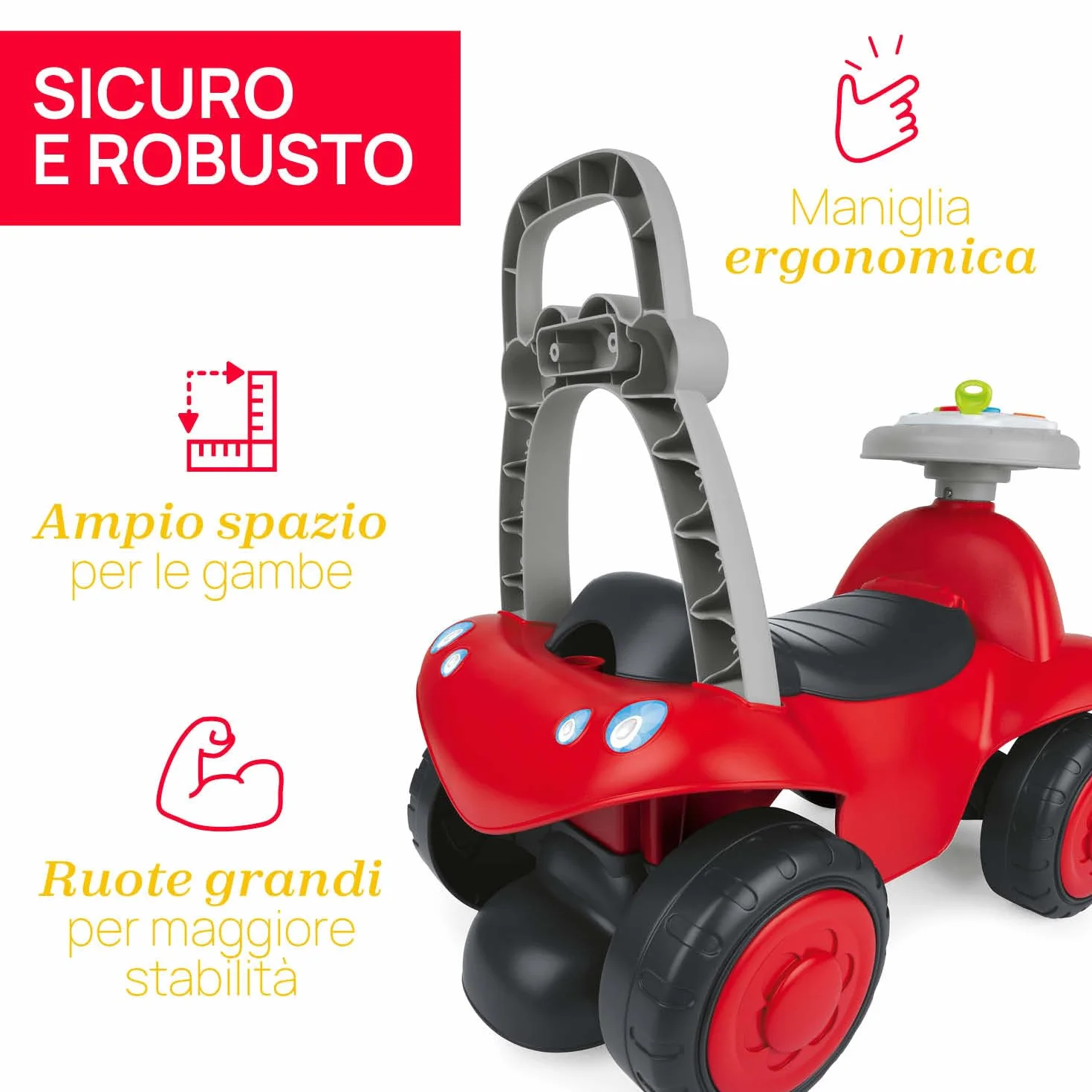 Chicco Billy Walk&Ride Eco+, Primi Passi, Girello e Cavalcabile, Assemblaggio Semplice, Manubrio Ergonomico, Ruote Larghe, Con Suoni e Luci di Guida, in Plastica Riciclata, Bambini 12-36 Mesi, Rosso