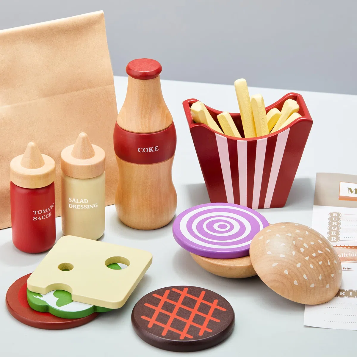 Toywoo Cibo da gioco in legno per bambini Set di hamburger Fast Food ToyPlay Accessori da cucina per i più piccoli Giocattolo Cibo Regalo per Ragazzi Ragazze Giocattoli Educativi
