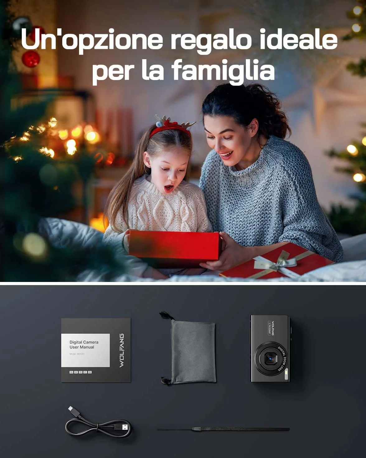 WOLFANG Fotocamera digitale, fotocamera per bambini da 2,7K, fotocamera compatta da 50MP, videocamera con zoom digitale 16x, zoom e scatto automatico, regalo per ragazzi