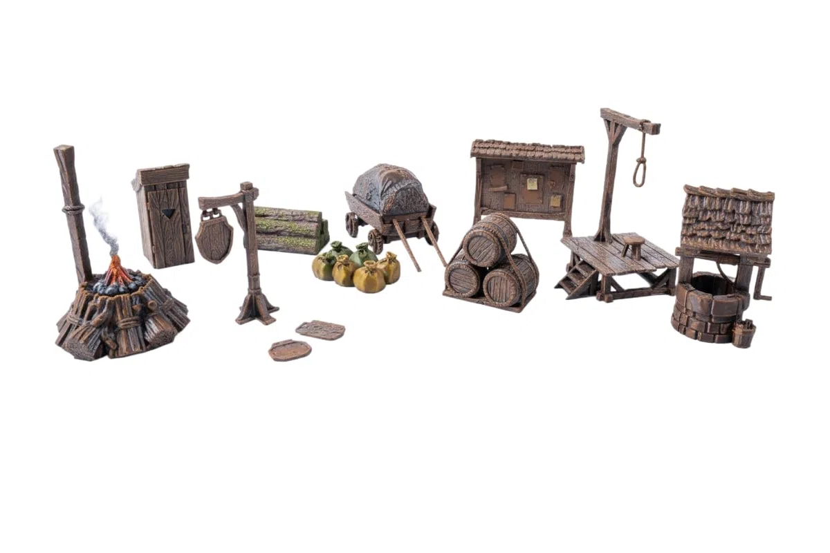 Set di articoli da città – Accessori integrali per D & D, Warhammer – Pozzo, Wc, Segnalibri, Forca, Giornali, Carrello