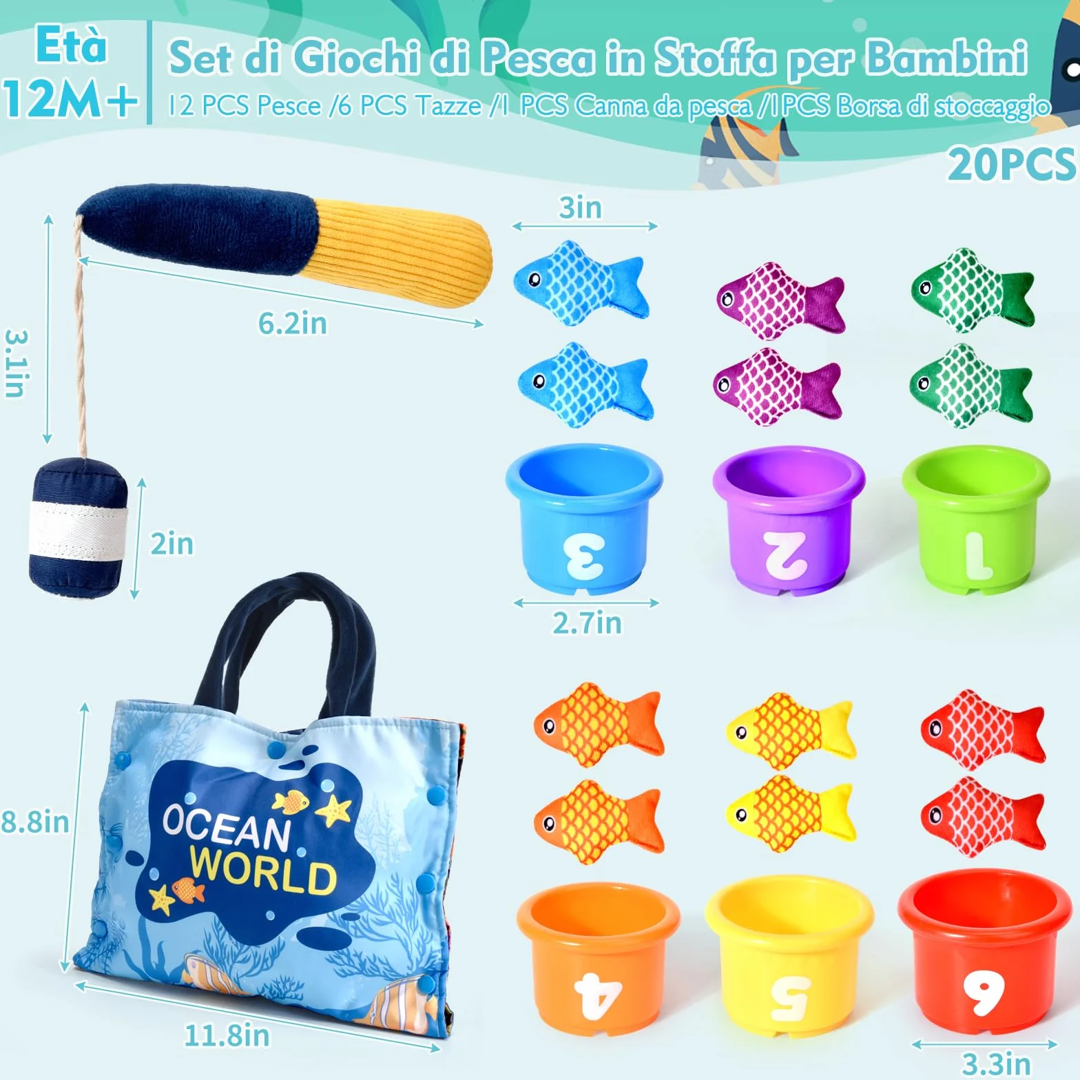 Giochi Bambini 1 Anno 2 Anni, 20PCS Montessori Gioco Pesca Morbidi, Regalo Bambino 6 12 18 Mesi, Interattivi Educativo Giocattoli Bambino