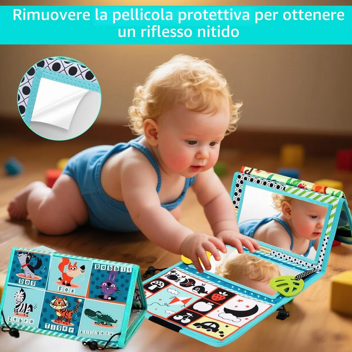 Giochi Montessori Neonato 0 3 6 12 Mesi, Libri di Stoffa con Specchio per Bambini, Libro Sensoriale Neonati Tummy Time Neonati Bianco e Nero Giocattoli Educativi Interattivo Regali per Neonato