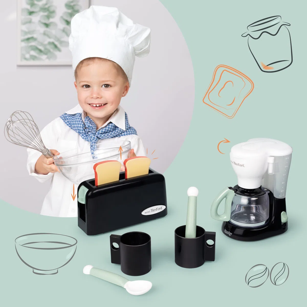 Smoby - Tefal Breakfast - Tostapane meccanico - Macchina per caffè espresso - Tazze + cucchiai - Dai 3 anni