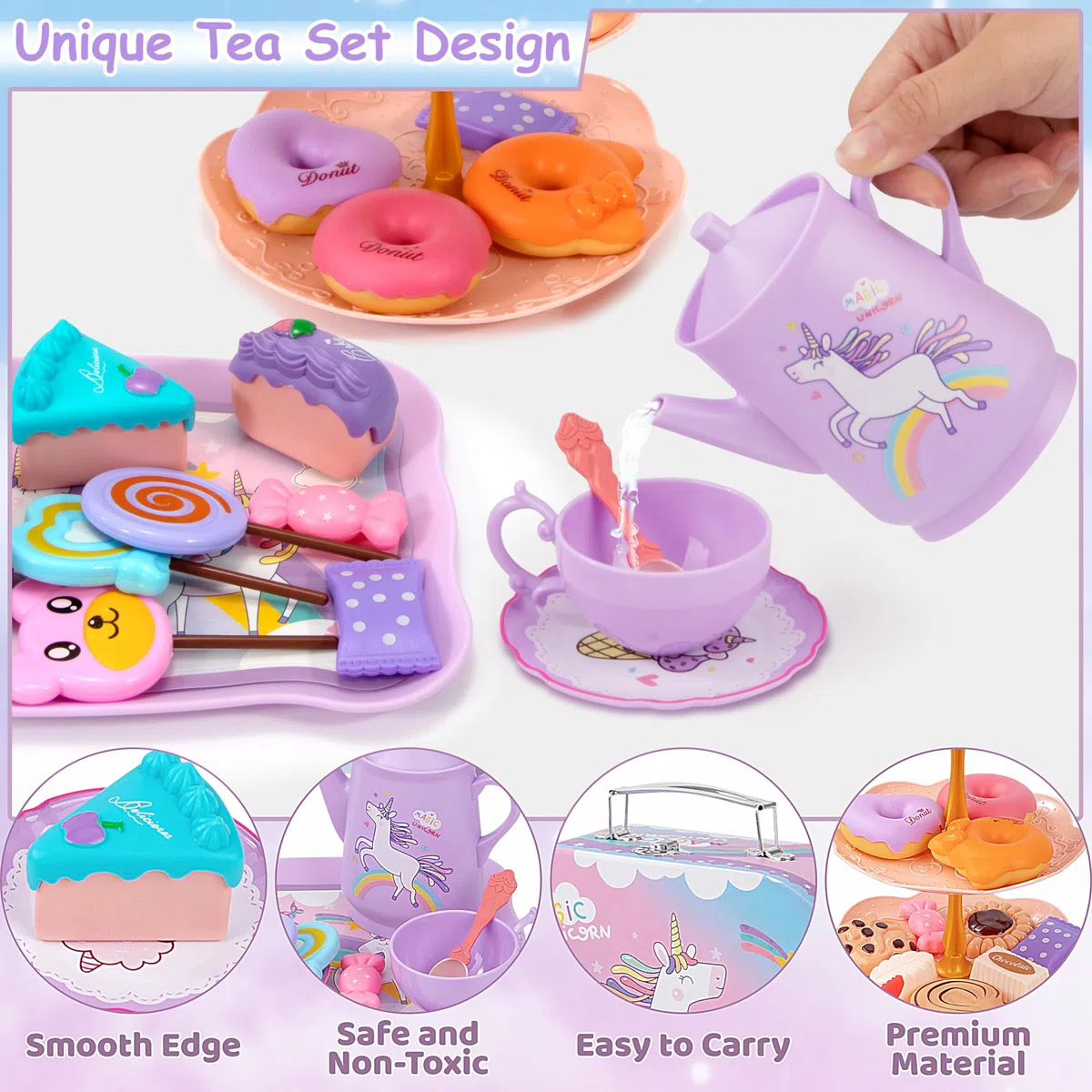 Set da Tè per Bambini, 42 Pezzi Set da Tè Giocattoli Accessori Cucina Bambini, Servizio da tè e Valigia Unicorno, Tea Party Finta di Giocare, Compleanno Regalo per Bambina 3 4 5 6 7 Anni