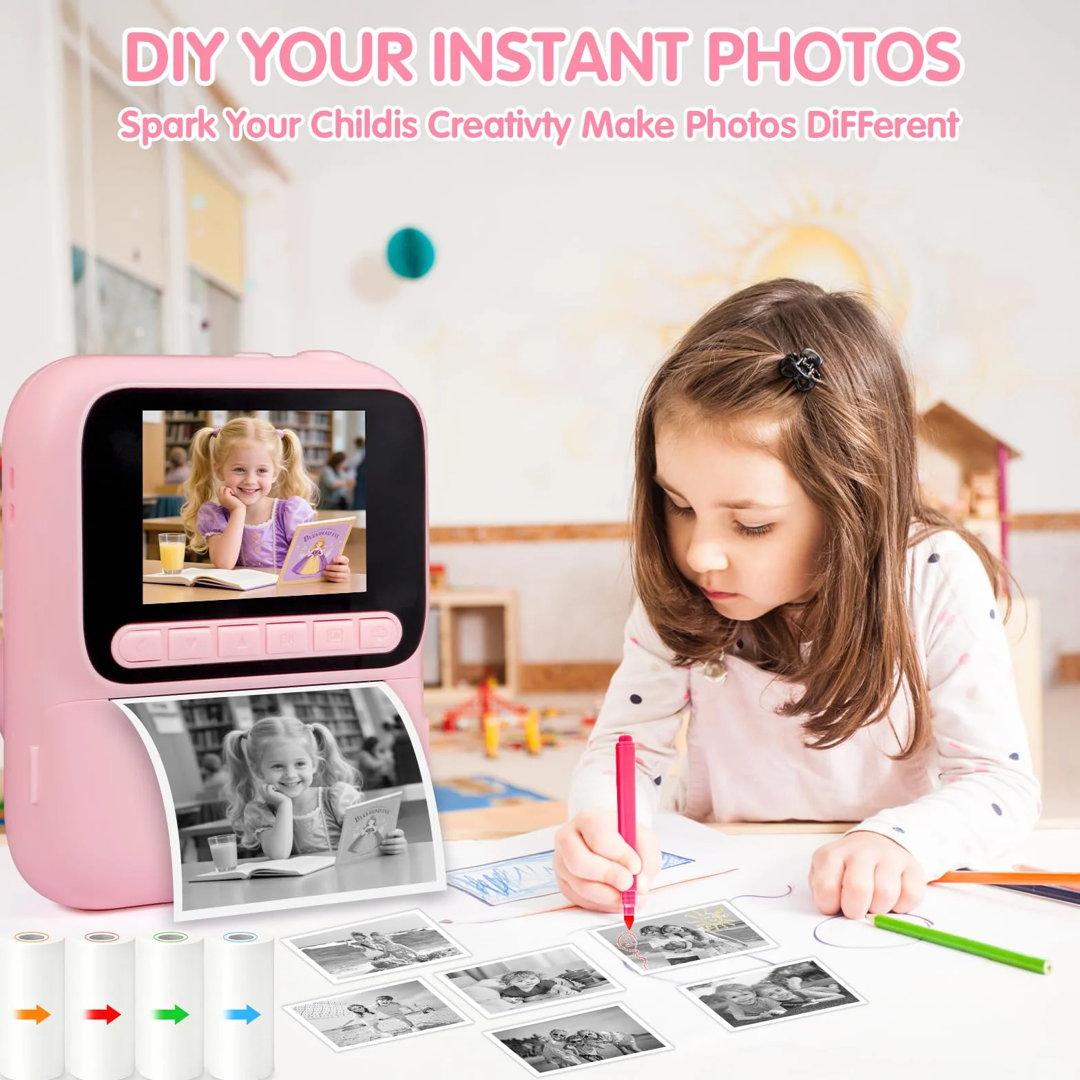 Macchina Fotografica Bambini Istantanea,2,4" Fotocamera Istantanea,1080P HD Fotocamera Digitale con 32 GB Scheda,6 Rotoli di Carta da Stampa e Penne Colorate,Regalo per Ragazze Ragazzi da 3-12