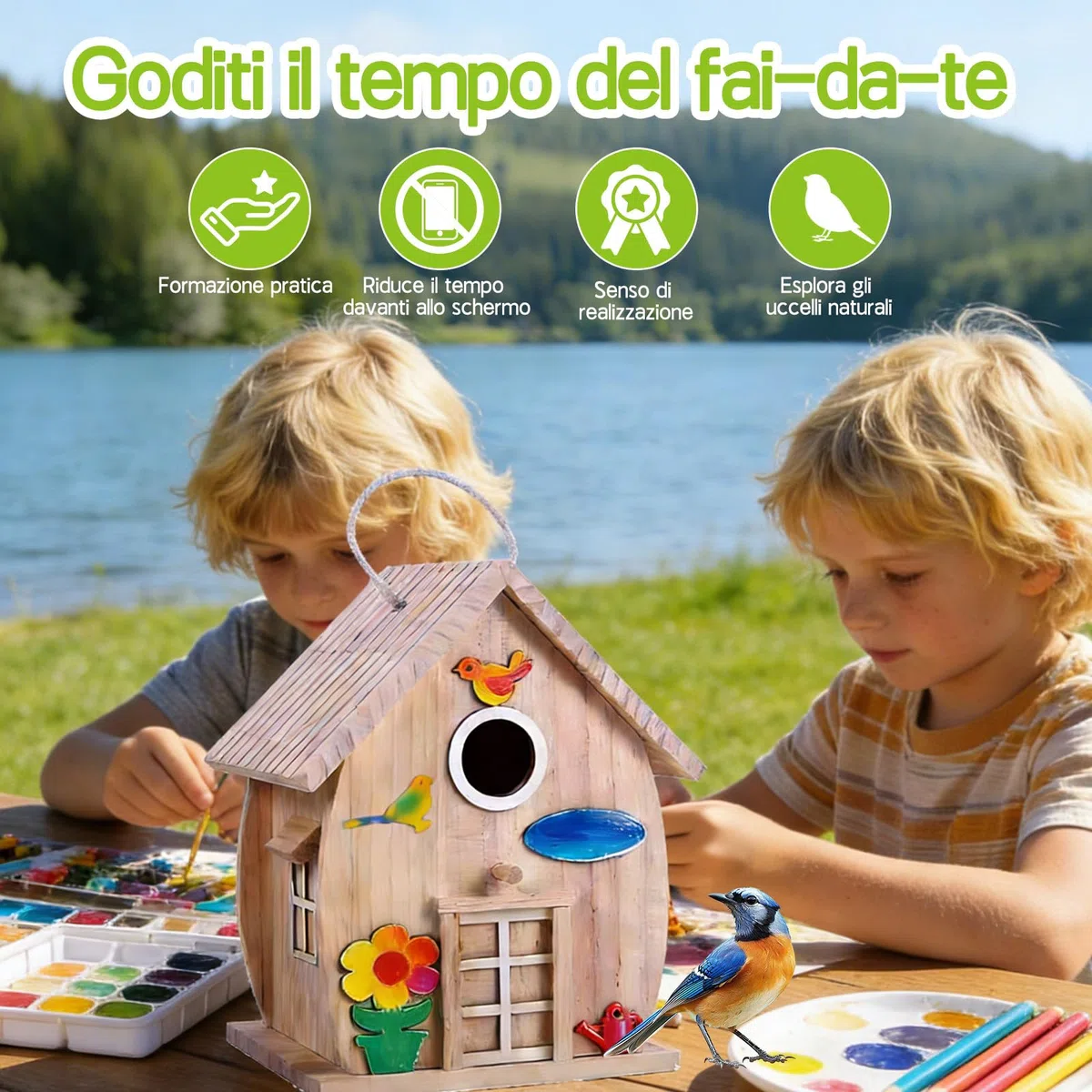 Kit di costruzione casetta per uccelli per bambini, casetta per uccelli da colorare, costruire e decorare cassette nido, set di fai-da-te in legno, kit DIY per bambine, bambini e bambini piccoli